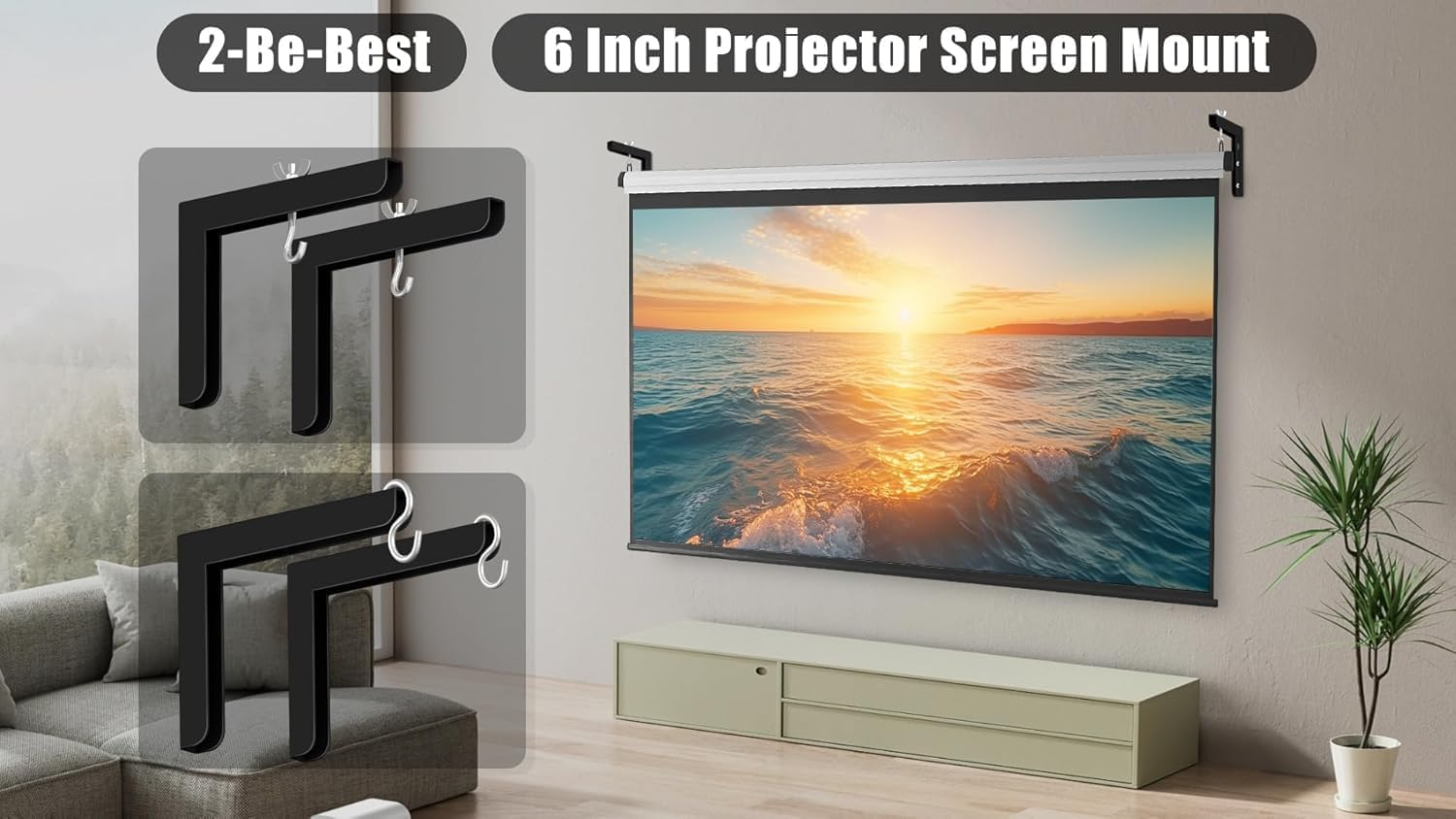 2-Be-Best Universal Projector Screen Wall Mount, 6" Projector Screen Hanging L Brackets Projectors Screens Ceiling Mount Adjustable with Hook and Extra Accessories 84 Lbs / 38Kg Load, Black image number 1