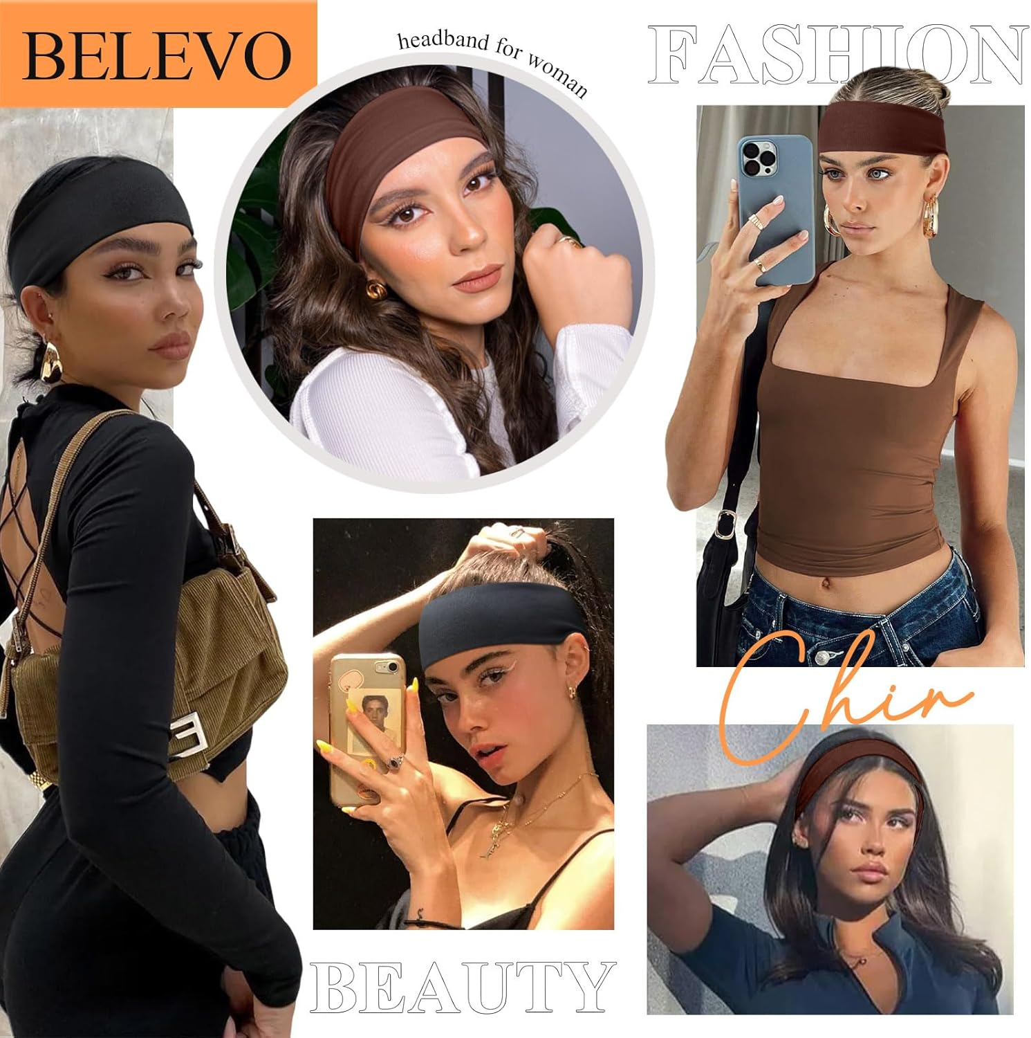 BELEVO 7Cm Wide Headband, Stretchy Headbands for Women'S Hair Black Head Band Elastic Head Bands Soft Hair Bands for Men and Women for Sports, Yoga and Exercise (Black, Brown) image number 6