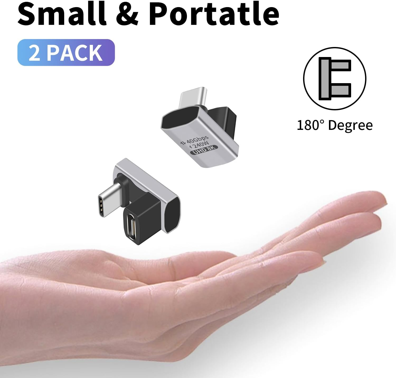 Duttek USB C U Adapter (2 Pack) USB C 180 Degree Adapter Support 40Gbps Data Transfer, 240W Charging and 8K Video, USB C Angle Adapter Compatible for Thunderbolt 4/3, Switch, Macbook, Laptop, Tablet