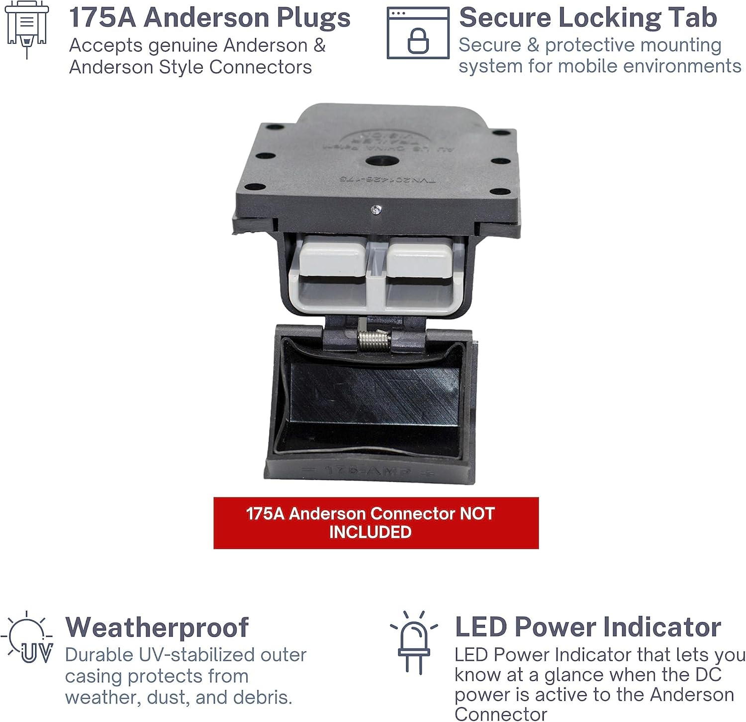 Trailer Vision SB 175 Anderson Plug Mounting Kit - 175 Amp Anderson Connector Type Cover Assembly with LED Indicator - UV Insulated Protection for Solar, Marine, Mobile, Industrial - 175A Black image number 3