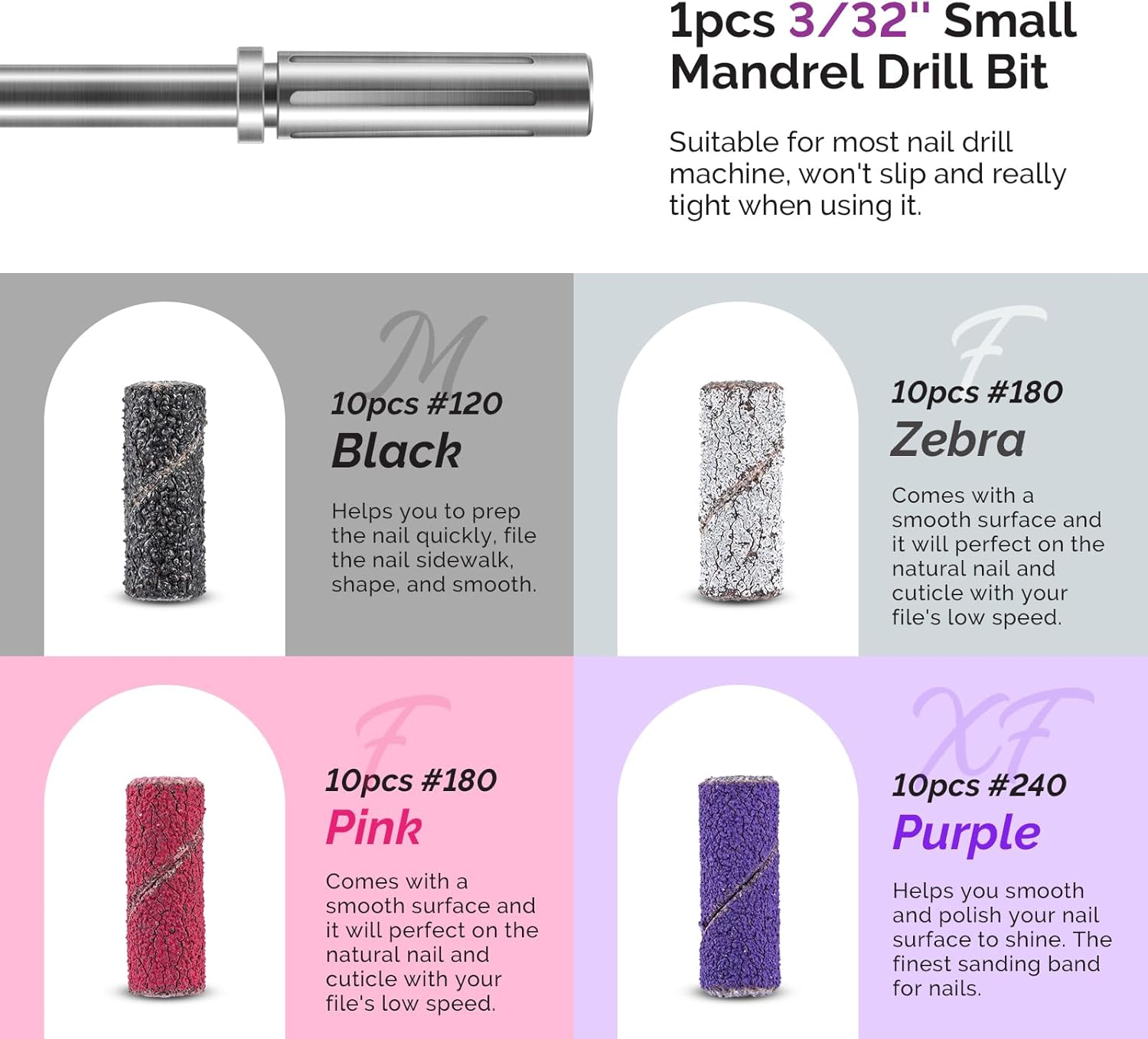 Melodysusie Nail Drill Bits, 10Pcs Diamond Sanding Bit Set with 40Pcs Small Sanding Bands (#120#180#240 Grits) with 3.1Mm Mandrel Bit, Nail Gel Polish Remover Tool for Acrylic Nails Manicure Nail Prep image number 2