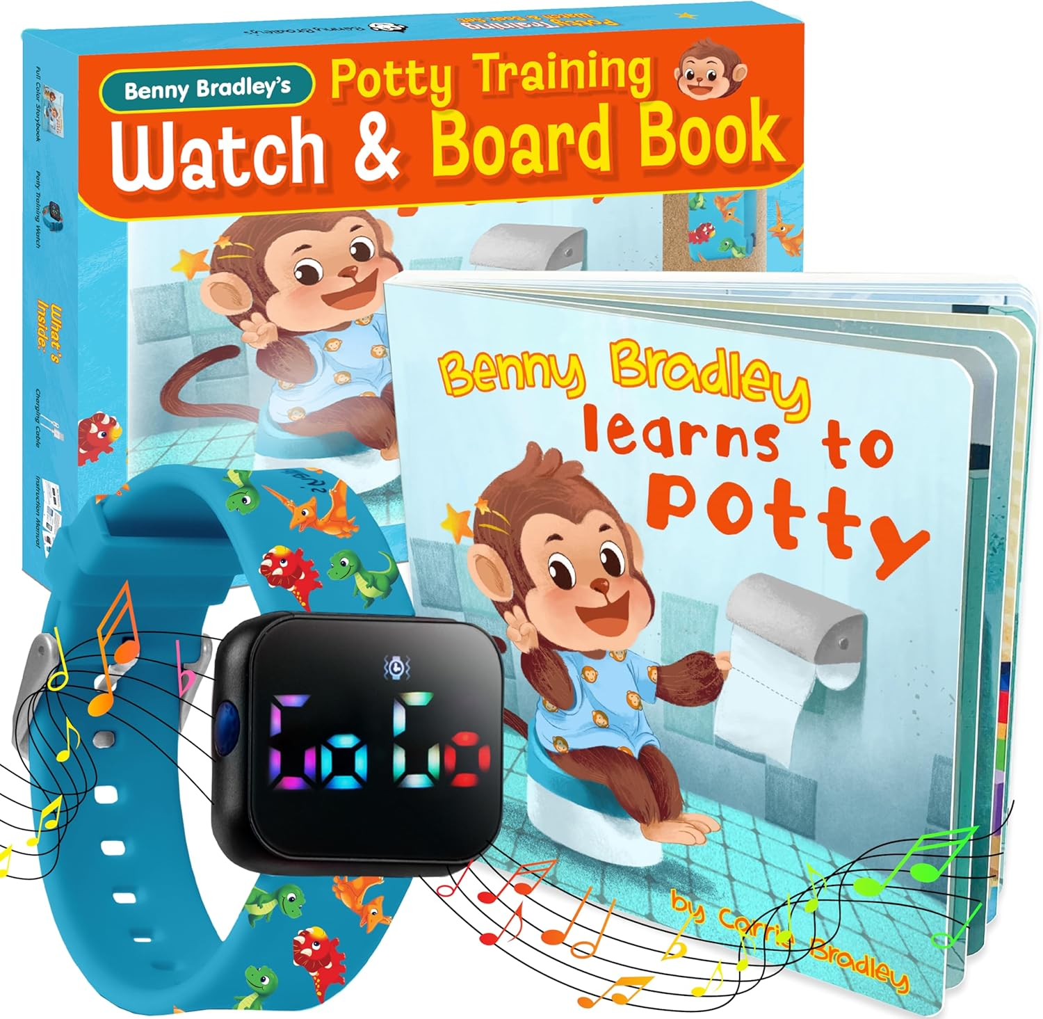 Potty Training Watch & Board Book for Kids &ndash; a Water Resistant Potty Reminder Device for Boys & Girls - Train Your Toddler with Fun Musical or Vibration Reminders and Printed Board Book (Dinosaur)