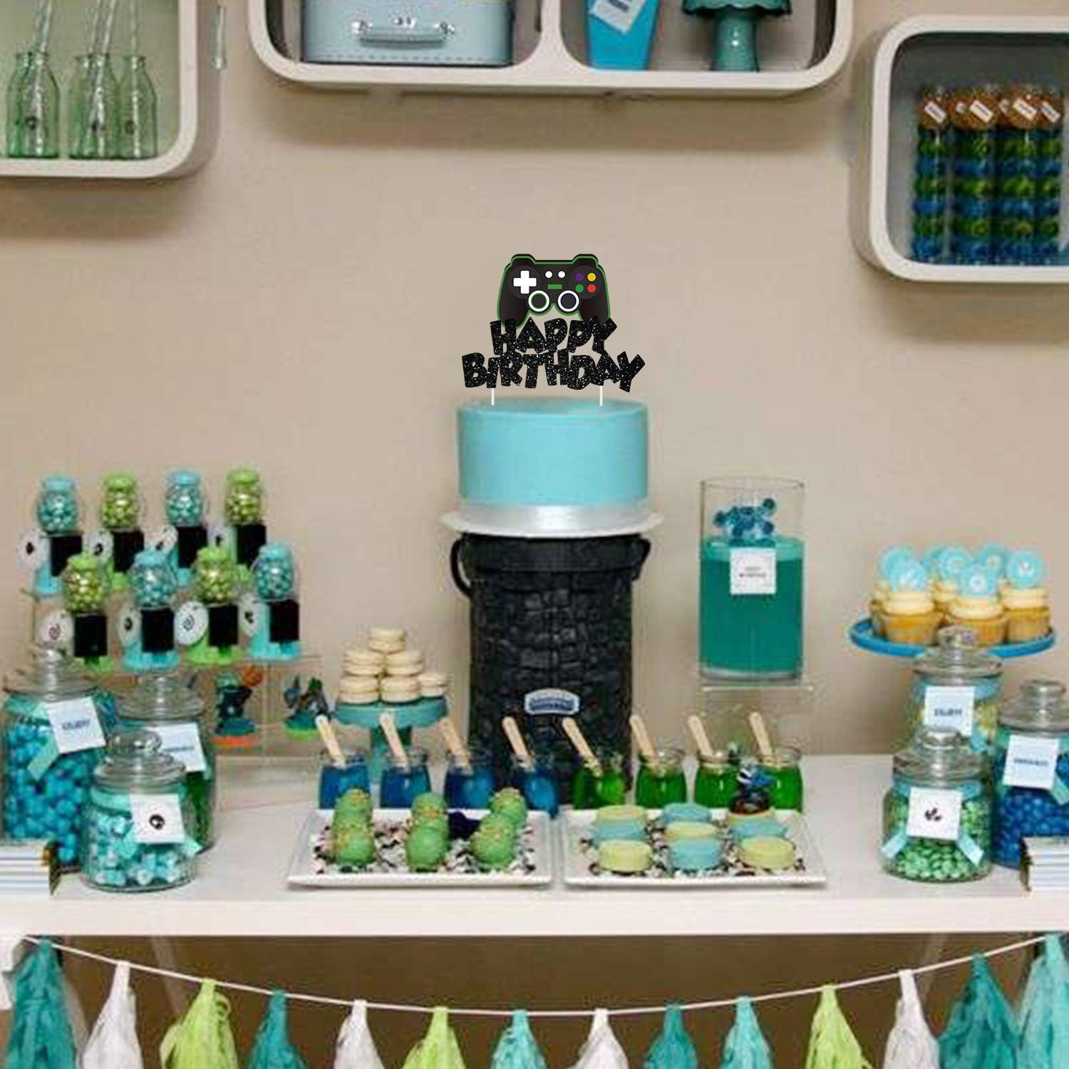 Video Game Cake Topper Glitter Game Controller Happy Birthday Cake Topper Cake Decorations Picks for Kids Gaming Themed Birthday Party Supplies - 24 Pack Candy Bas image number 5