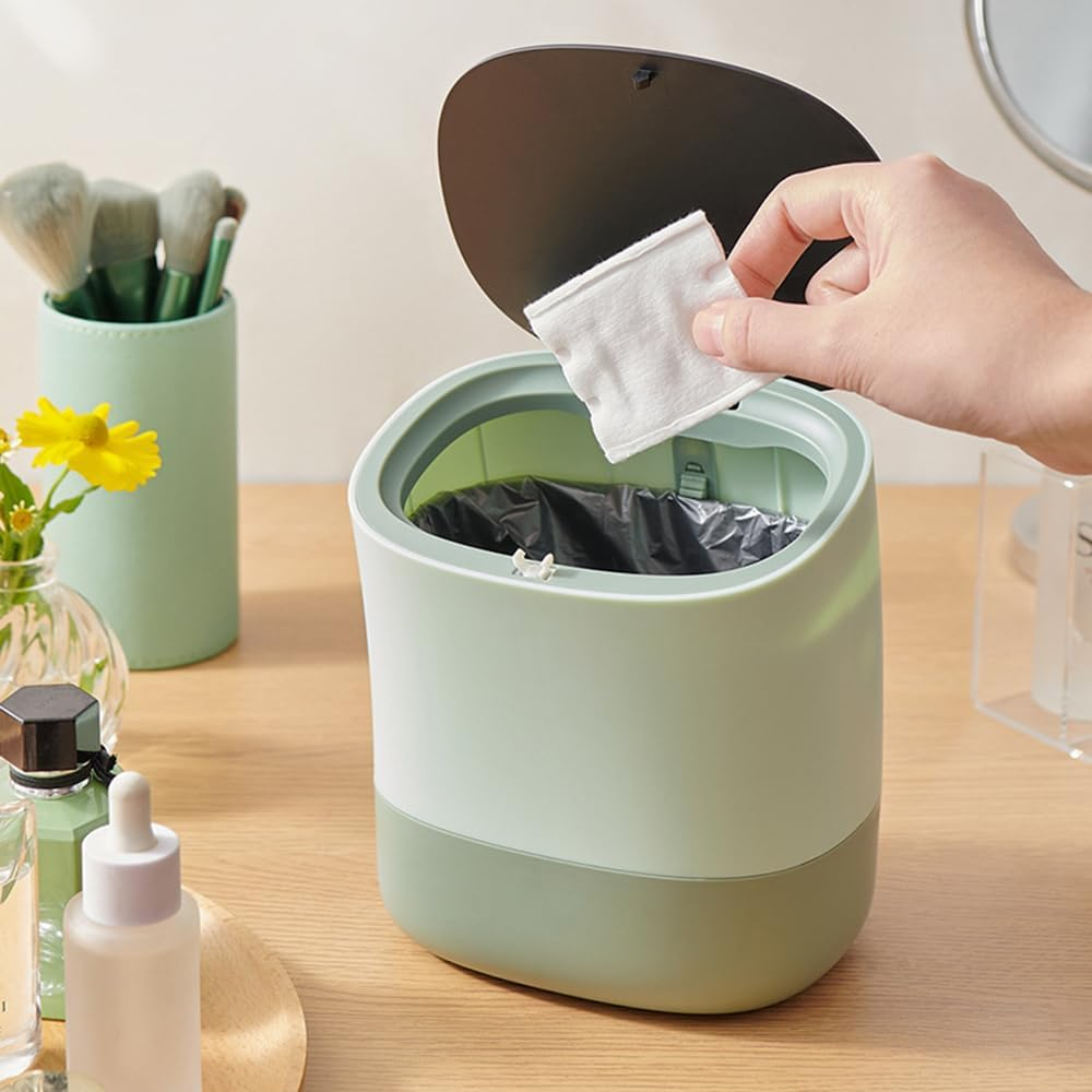 Mini Desk Trash Can with Lid-Removable Small Rubbish Bin-3.5L Plastic Trash Bin-Pop up Countertop Compost Bin-Counter Garbage Can for Bathroom,Office,Kitchen,Bedroom,Desk,Coffee Table, Green - Green image number 5