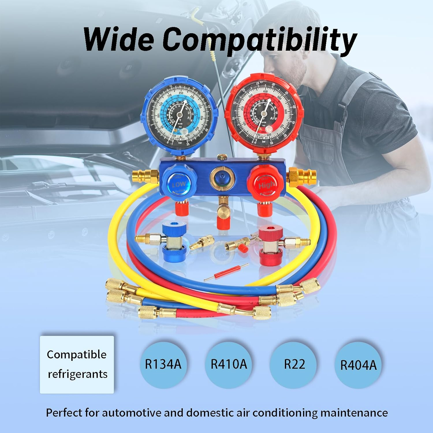 PB Motor Tech 3 Way AC Manifold Gauge Set for R134A, R410A, R22, R404A Refrigerants. HVAC Diagnostic Gauge Set with Quick Couplers, Adapters, Can Tap, Valve Core Tool. Perfect for Automotive Use image number 2