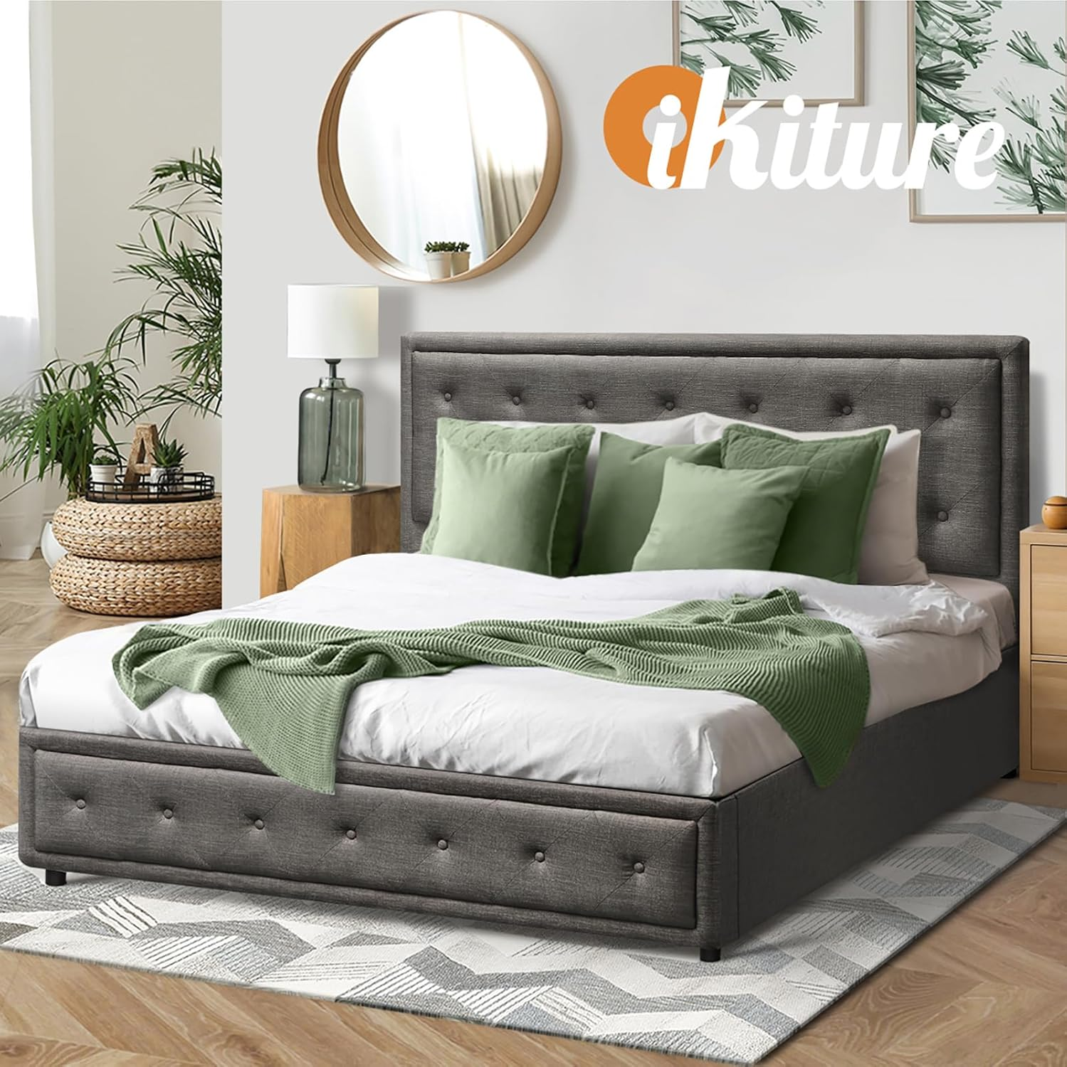 Oikiture Queen Bed Frame with Storage Space Gas Lift Bed Mattress Base Grey