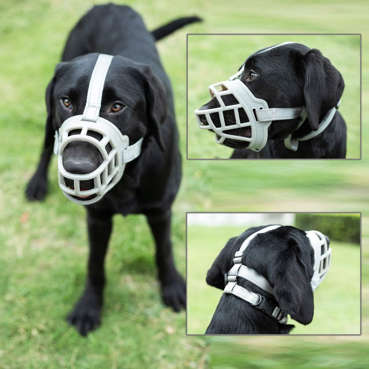 Dog Muzzle, Soft Silicone Basket Muzzle for Dogs, Allows Panting and Drinking, Prevents Unwanted Barking Biting and Chewing, Included Collar and Training Guide (1 (Snout 7-8"), Grey) image number 4
