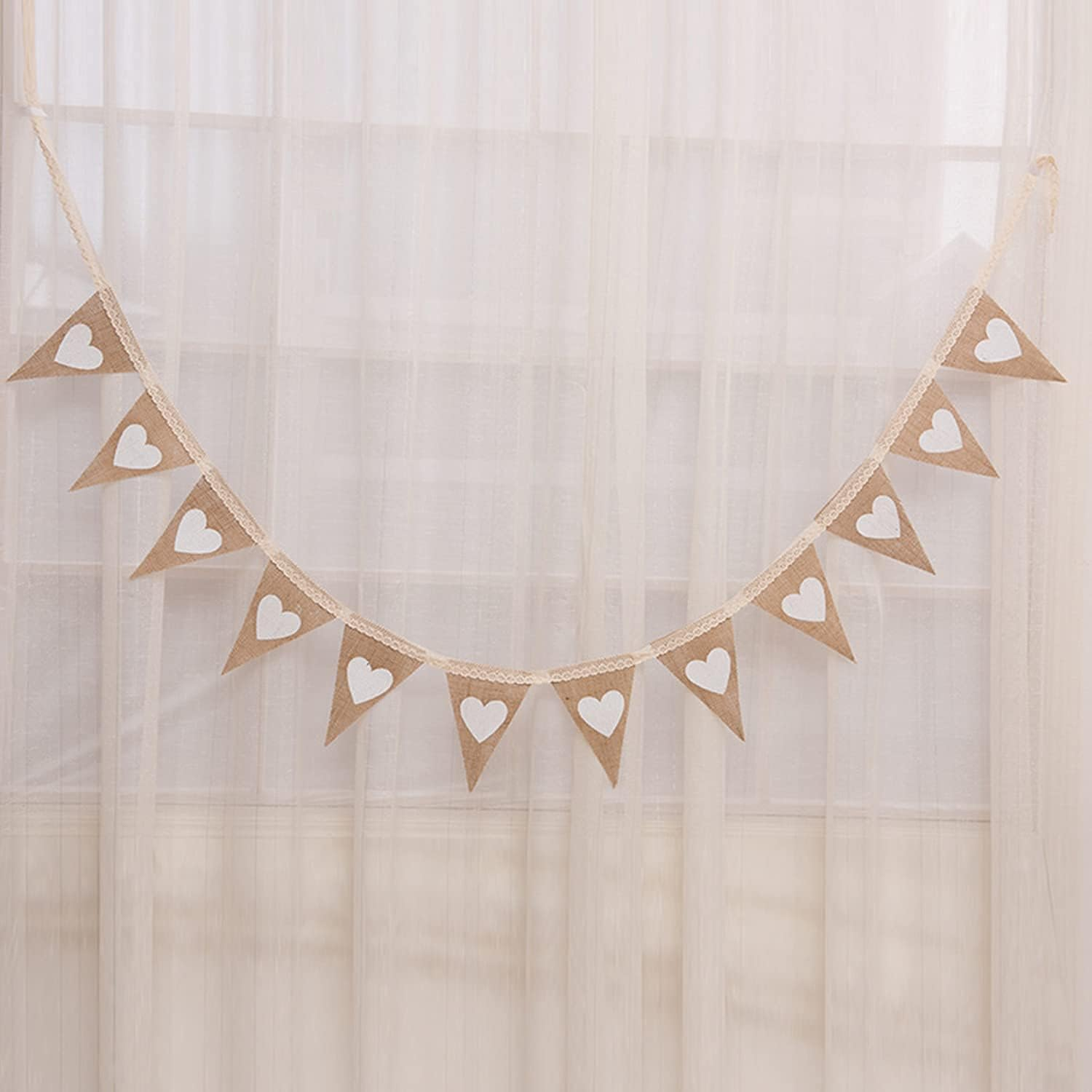 FQTANJU 12Pcs Vintage Heart Jute Burlap Bunting Banner Hessian Flag for Wedding Party Decoration White Lace 2.5M
