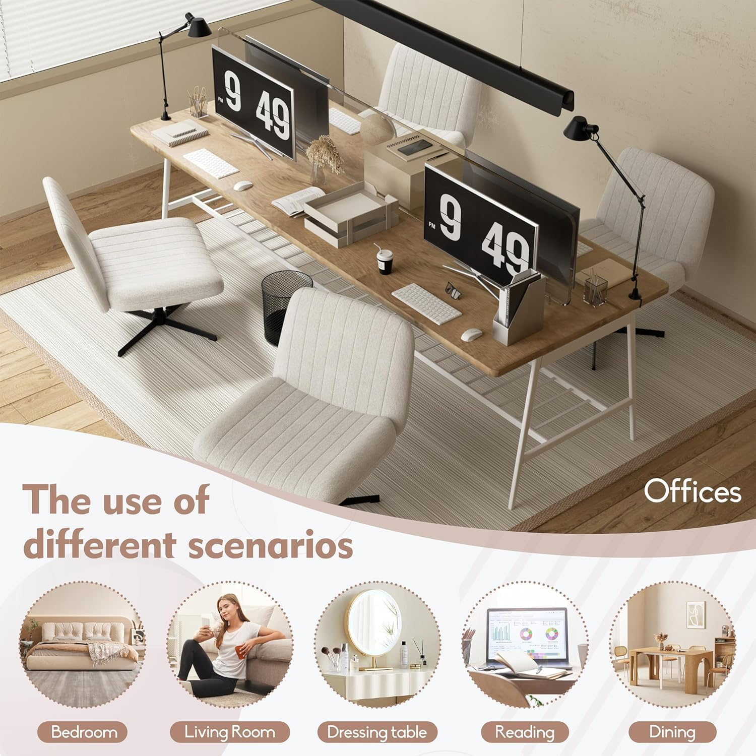 Cross Legged Desk Chair-Wide Seat Fabric Armless Chair Cloth Surface with Wheels and Back, Swivel Desk Chair for Home, Make Up, Bedroom Computer Task Chair, Beige image number 1