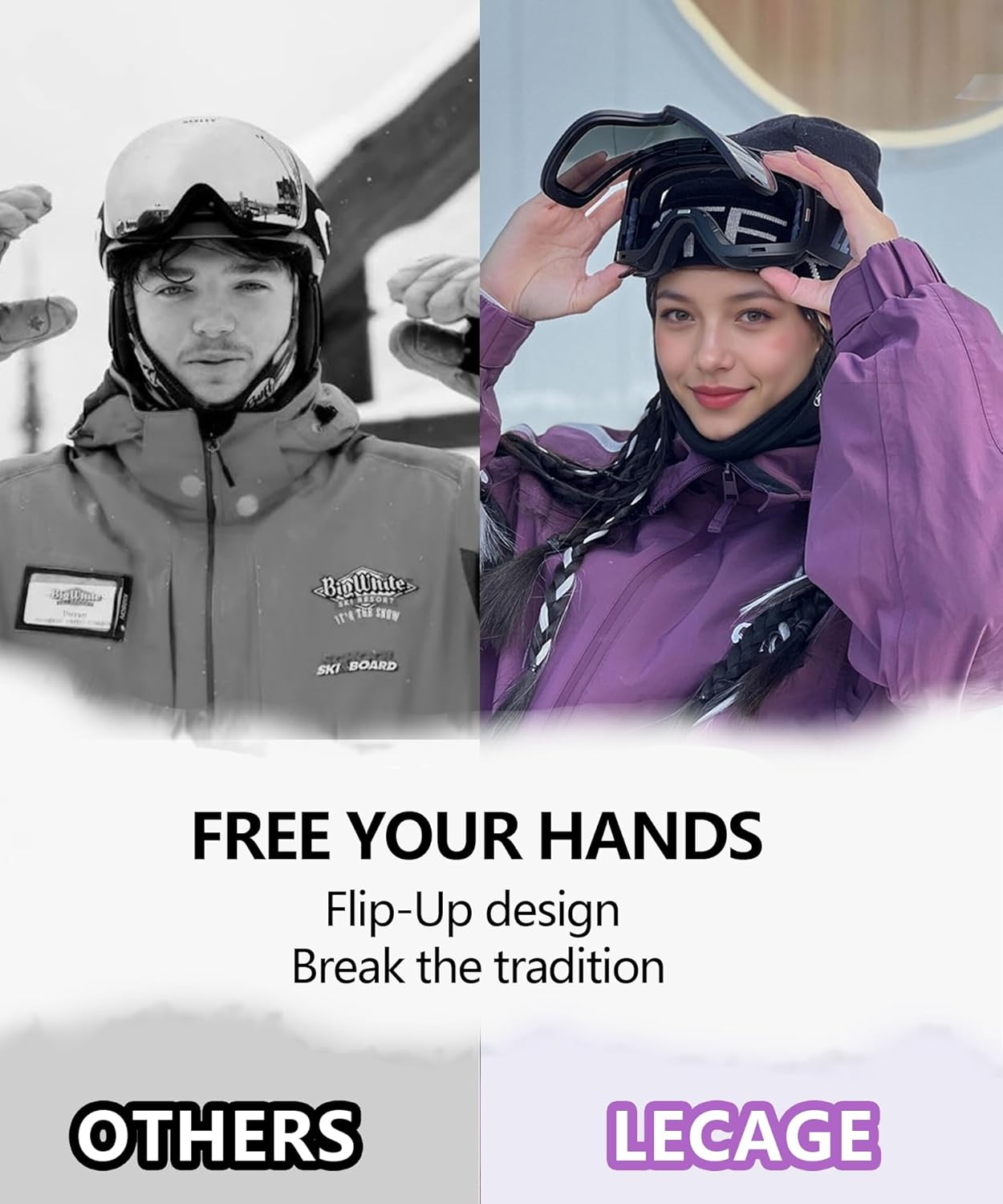 Frameless Flip-Up Ski Goggles, anti Fog Snow Goggles UV400 Protection with Magnetic Interchangeable Lens, UV Protection Snowboarding Goggles for Men Women Youth - Black image number 2