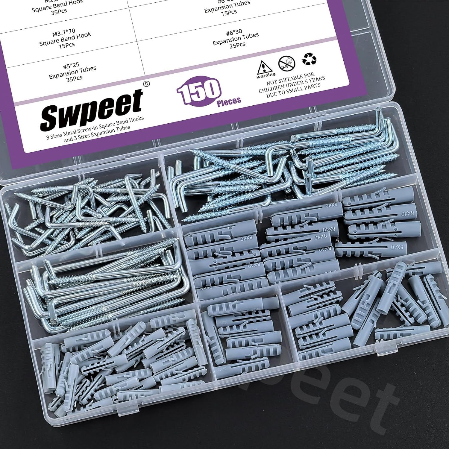 Swpeet 150Pcs 3 Sizes Blue White Metal Screw-In Square Bend Hooks with Expansion Tubes Anchors Assortment Kit, L Shaped Self-Tapping Screws Hooks L Type Photo Frame Right Angle Hook for Wall Hanging image number 4