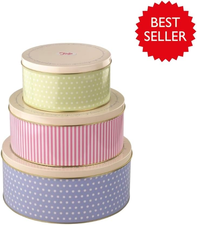 Tala Orignals Cake Storage Tins, Set of 3 round Nesting Cake Storage Tins, Perfect for Storing Cakes, Biscuits and Savoury Goods, Sizes Are 25.5Cm X 10Cm, 22 X 9.5Cm and 17Cm X 8.2Cm