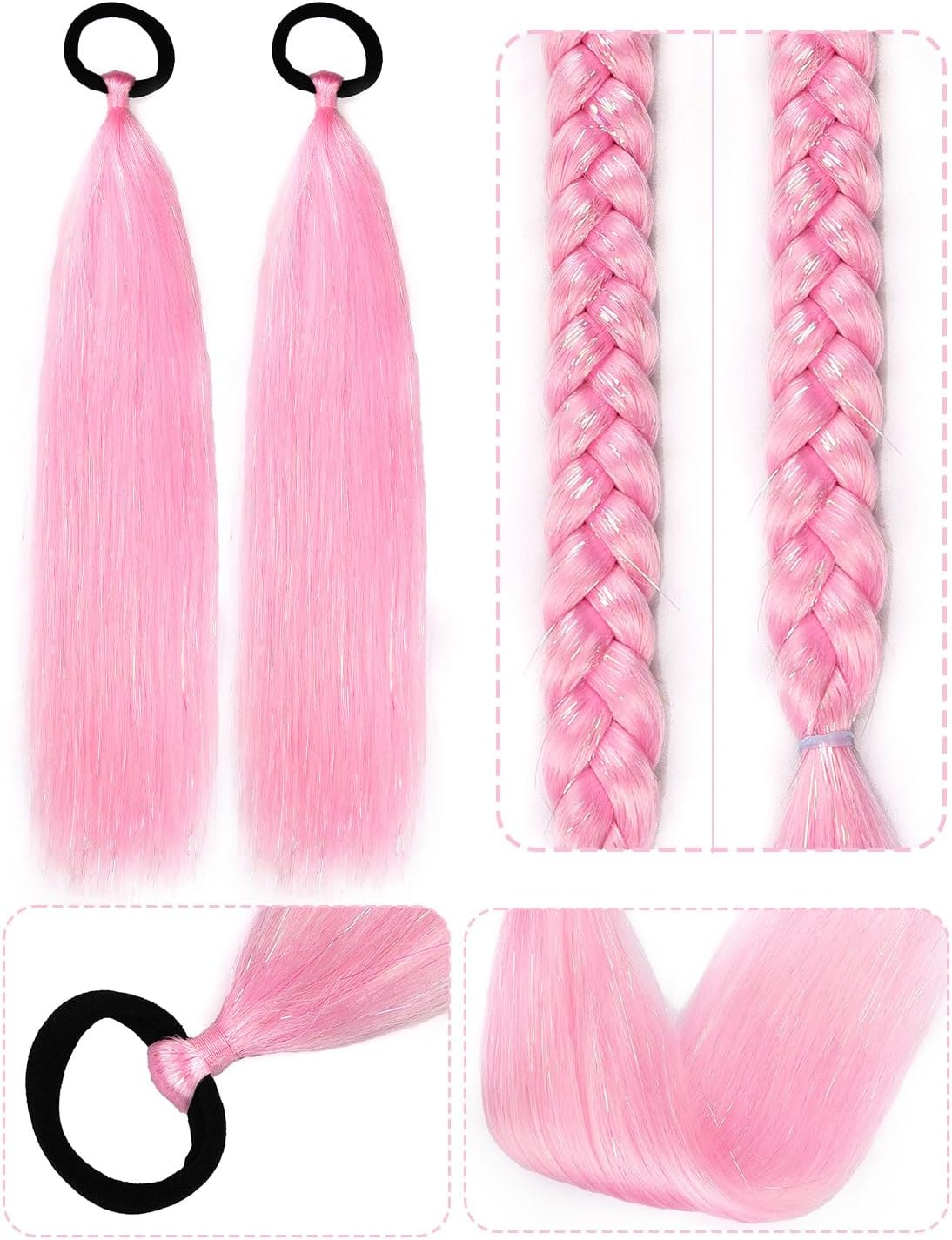 Pink Ponytail Extension with Tie, Colored Hair Extensions, Festival Crazy Hair Day Accessories, Shimmer Tinsel Ponytail Colorful, 18 Inch 2 Packs image number 3