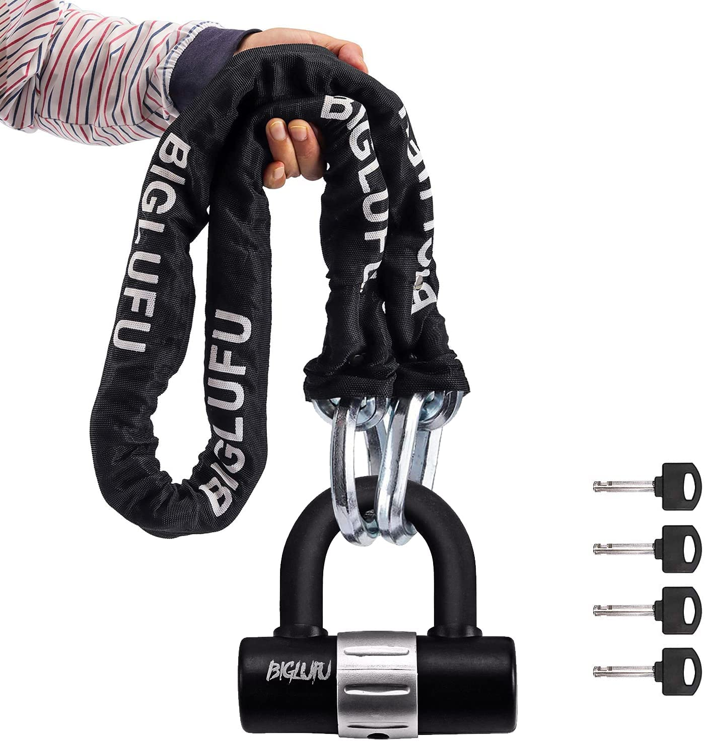 BIGLUFU Motorcycle Lock Chain Locks Heavy Duty, 120Cm/4Ft Long, Cut Proof 12Mm Thick Square Chains with 4Keys 16Mm U Lock, Ideal for Motorcycles, Motorbike, Bike, Generator, Gates, Bicycle, Scooter