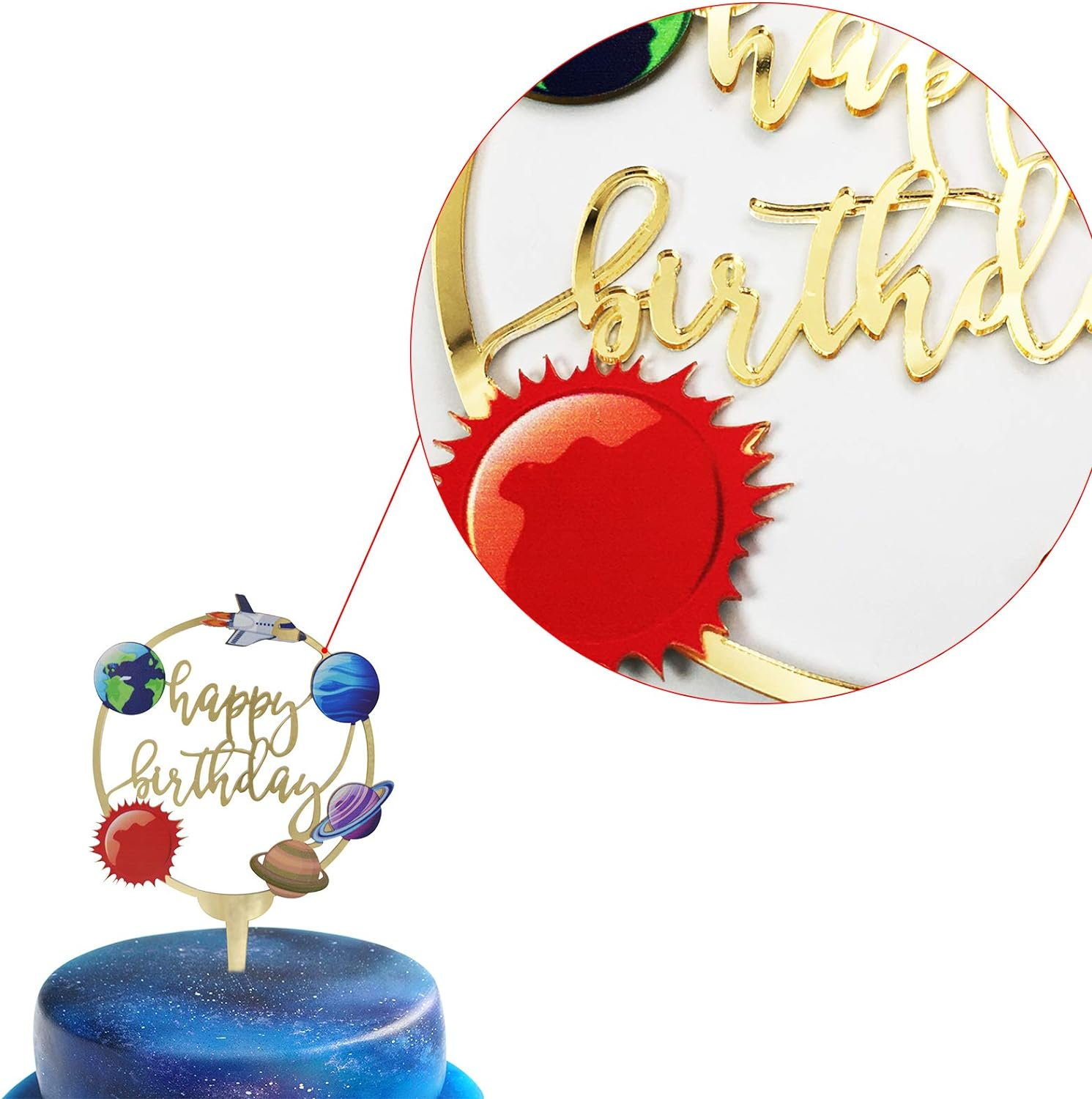 Happy Birthday Acrylic Cake Toppers for Outer Space Theme Birthday Party Decorations, Rocket Galaxy Planet Cake Toppers for Kids (Gold) image number 1