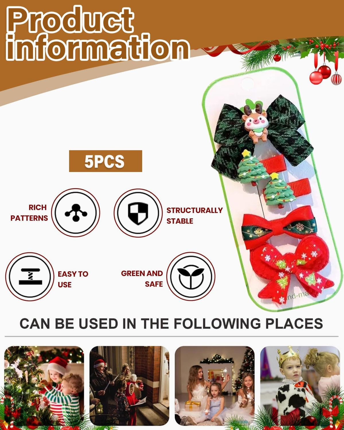 Set of 5 Christmas Hair Clips for Girls, Portable Hair Accessories, Festive Hair Clips, Hair Clips for Girls and Women, Christmas, Carnival Party, Festive Hair Accessories image number 2