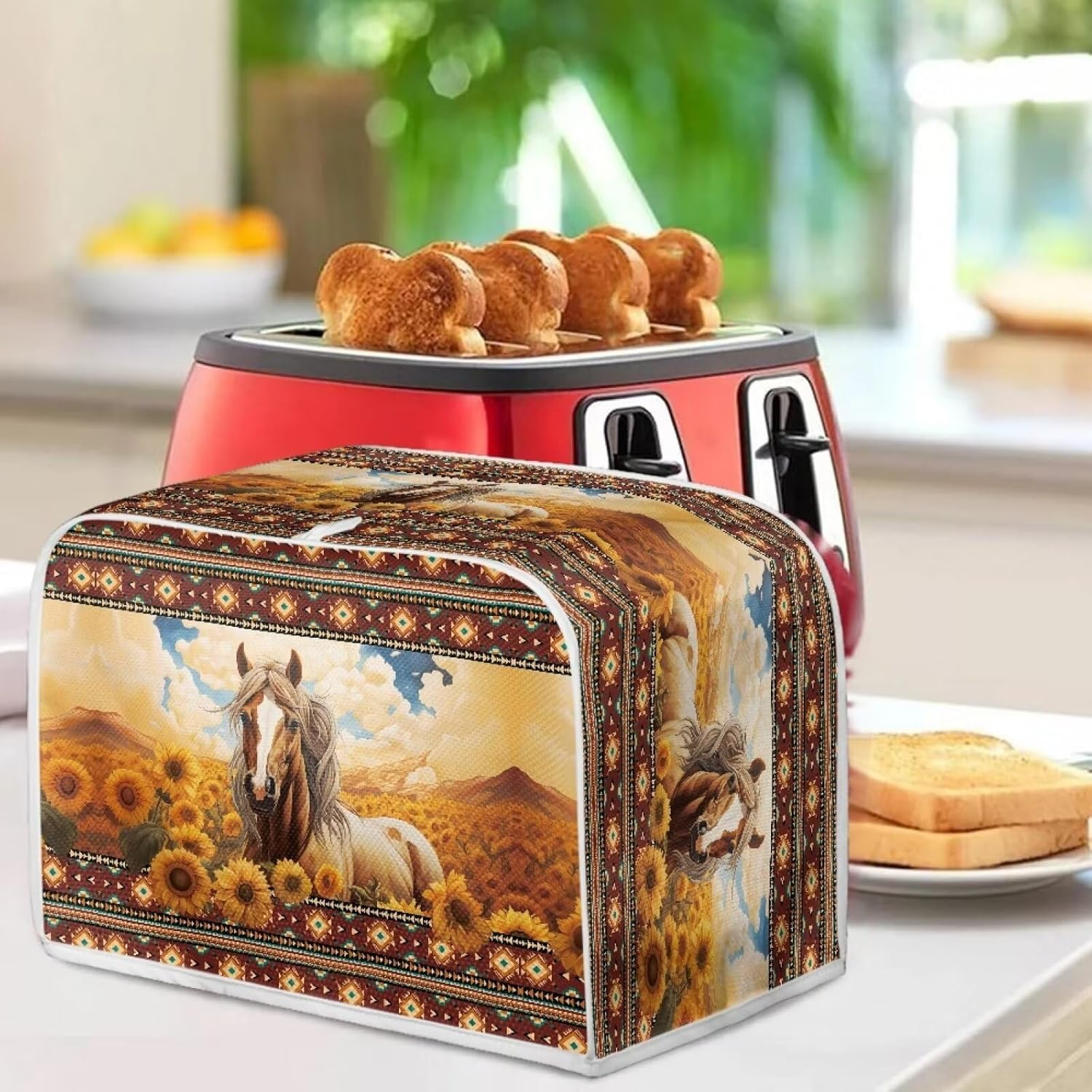 Wanzuoeng Aztec Tribal Toaster Cover 2 Slice, Horse Sunflower Print Microwave Toaster Oven Cover Dustproof Washable, Lightweight Bread Machine Cover for Home, Kitchen Accessories image number 3