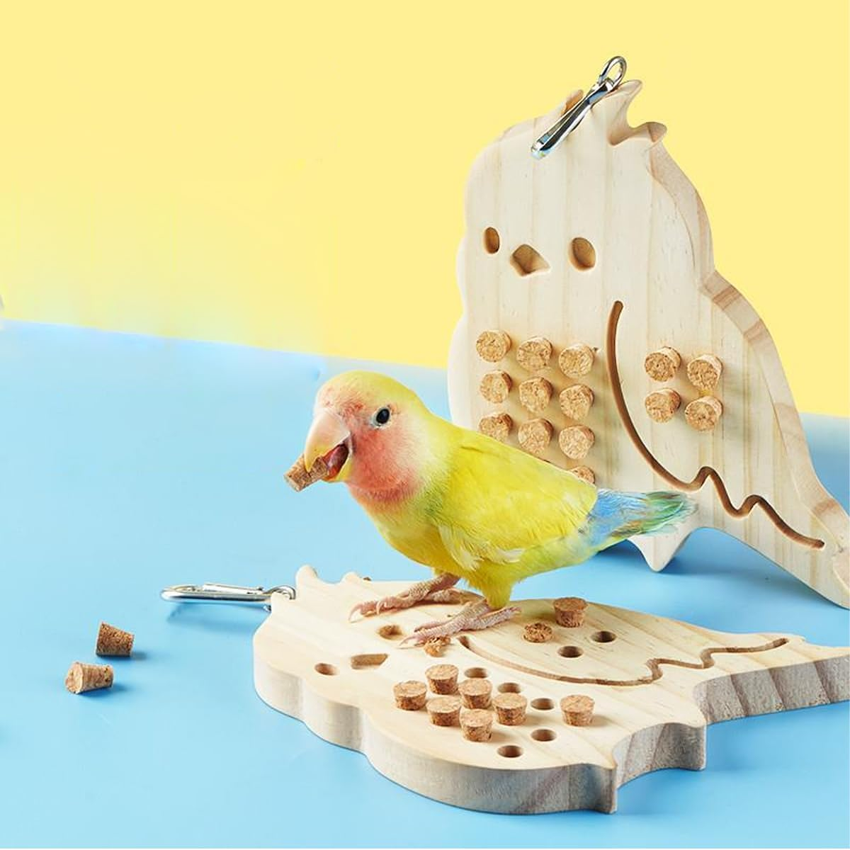 AIMALL Parrot Chew Toy, Stress Relief and Fun Puzzle for Birds, Durable Natural Wood with Metal Clip, 5.9" X 3.9", Safe & Non-Toxic image number 2