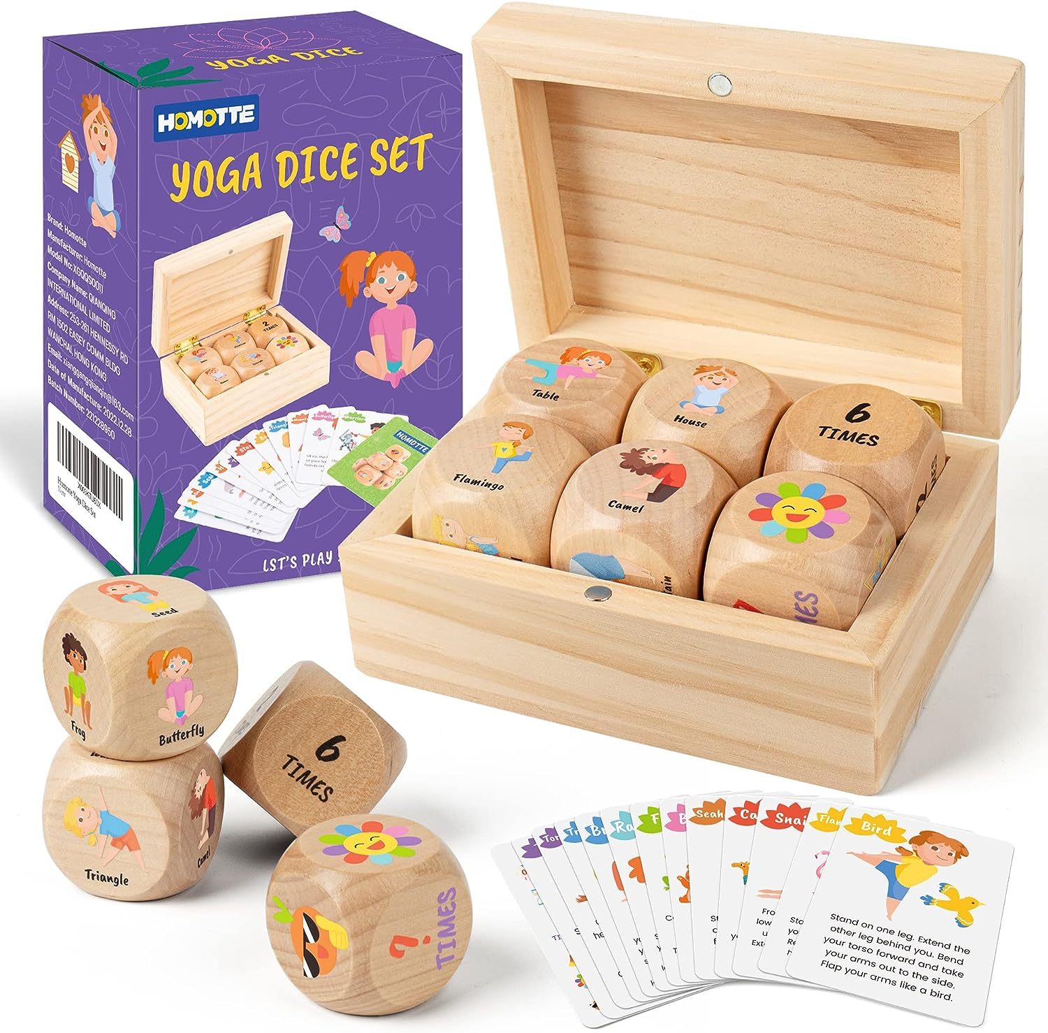 Homotte Wooden Kids' Exercise Dice Set - 6 Dice, 12 Yoga Cards & Gift Box - Fun Workout Game for Girls & Beginners image number 3