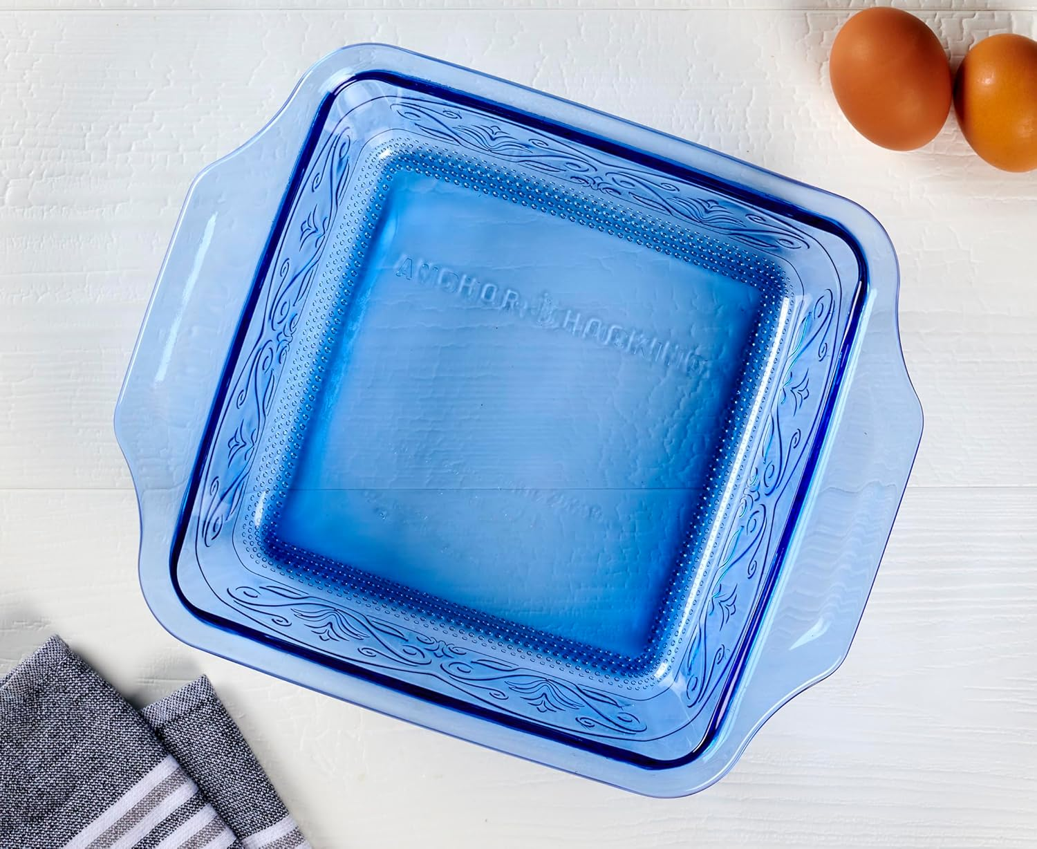 Anchor Hocking Laurel Embossed Bakeware 2-Piece Set &ndash; 3 Quart Baking Dish and 8 Inch Square Dish &ndash; Oven Safe, Microwave Safe, Dishwasher Safe Glass Bakeware, Coastal Blue image number 4