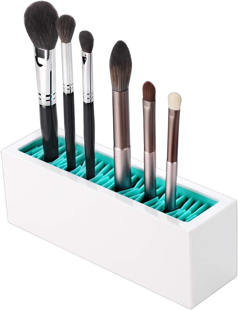 Makeup Brushes Holder Organizer, Silicone Vanity Air Drying Rack Display Storage for Brush, Eyeliners and More, Practical Cosmetic Tools Container (Blue-Black)