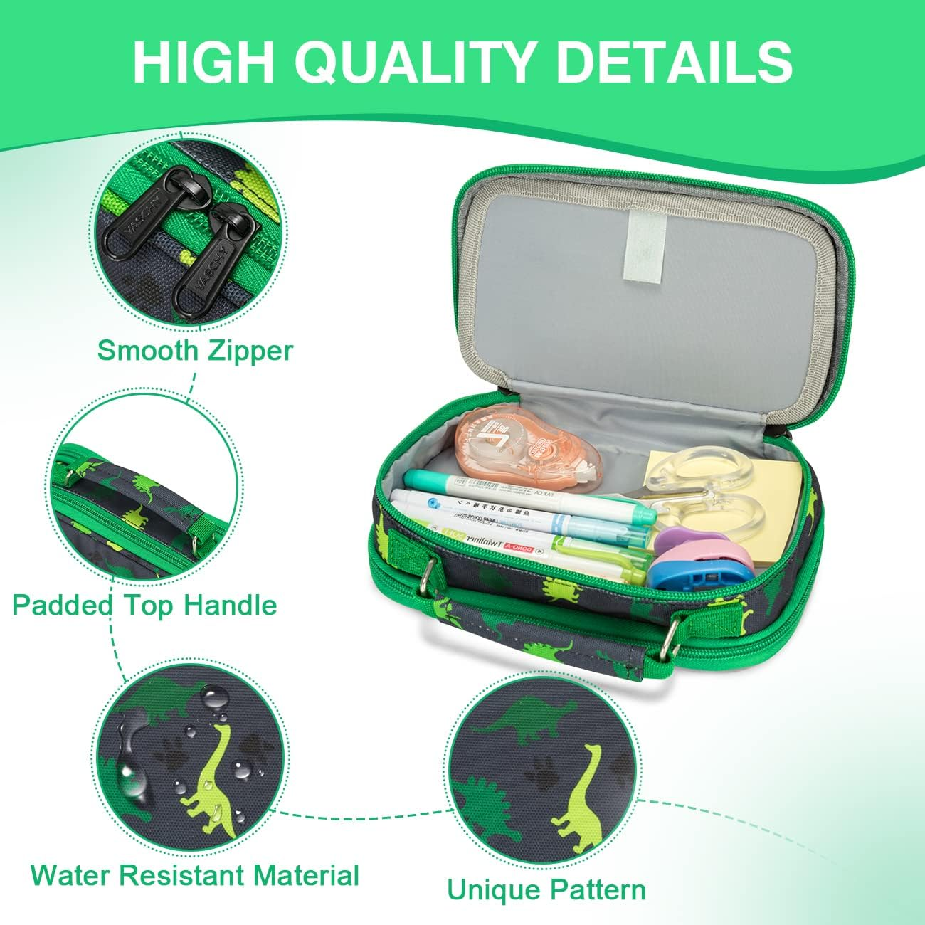 Pencil Case for Boys, Aesthetic Kawaii Large Pencil Pouch Stationary Pencil Bag/Box for Preppy Kids, Pen Organizer Holder School Supply Green Dinos image number 1