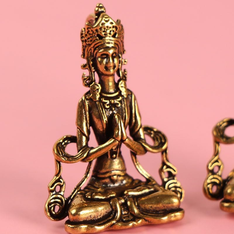NOIAFZY 4PCS Vintage Solid Brass Miniature Buddha Figurine, Handcrafted Guanyin Avalokiteshvara Keychain Pendant, Antique Collectible Car Keyring, Turmeric Color Metal Accessory image number 4