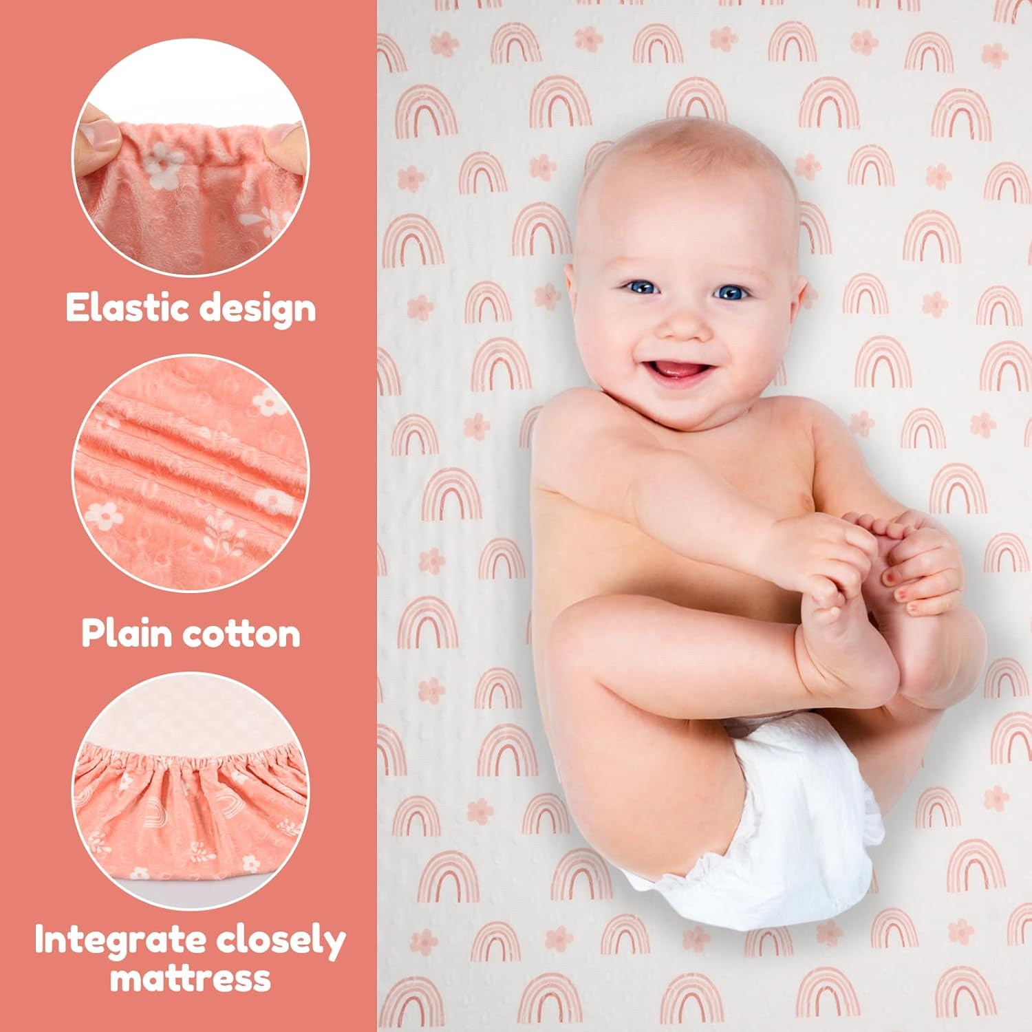 3Pcs Changing Pad Cover Cotton Diaper Changing Pad with Elasticated Straps Soft Breathable Comfortable Stable Diaper Changing Table Pad Sheets Cover for Home Kid (Pink) image number 5