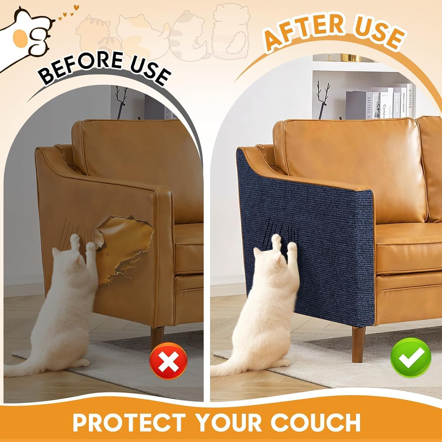 MIAOKE Pack of 2 90 X 40 Cm, Scratch Protection for Cat Furniture with Utility Knife and Tape Measure, Cut to Size Self-Adhesive Scratching Mat for Cats, Suitable for Homemade Scratching Post Stands image number 2