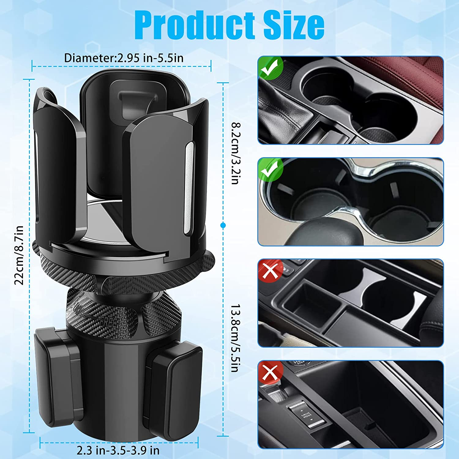 Car Cup Holder Expander, Expanding Large Cup Holder Adapter with Adjustable Base Stable Car Accessories Vehicles Drink Extender for 2.76 to 5.51" Cup/Bottle image number 4