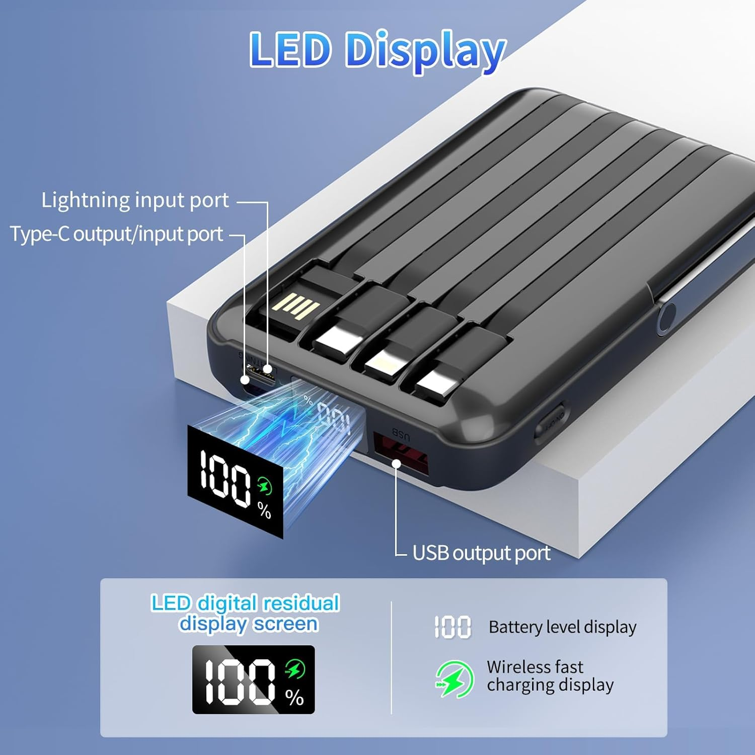 Power Bank 20000Mah, PD20W/22.5W Portable Charger, Magnetic Mobile Power Wireless Charger, Large Capacity Small Battery Pack Built in 4 Charging Cable, Powerbank for Iphone17/15/14/13 Series(White) image number 5