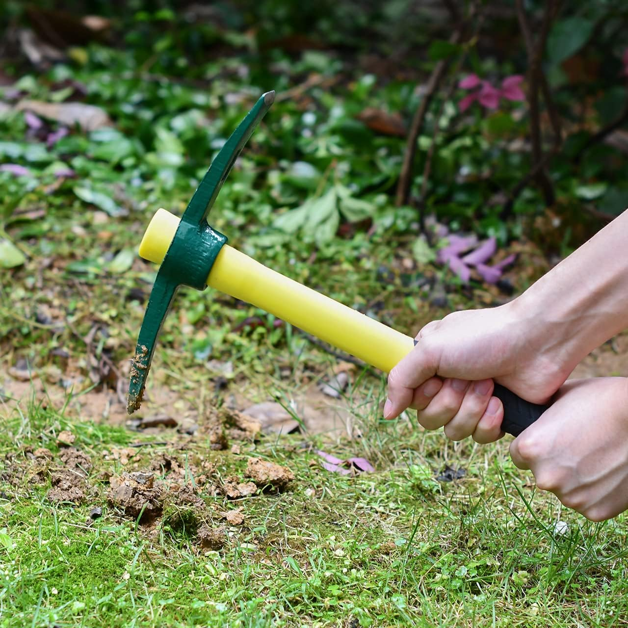 ZUZUAN Forged Adze Pick, Weeding Mattock Hoe, Pick Axe 15-Inch, One Piece Intact Drop Forged, Plastic Coated Fiberglass Handle, 1.4LB