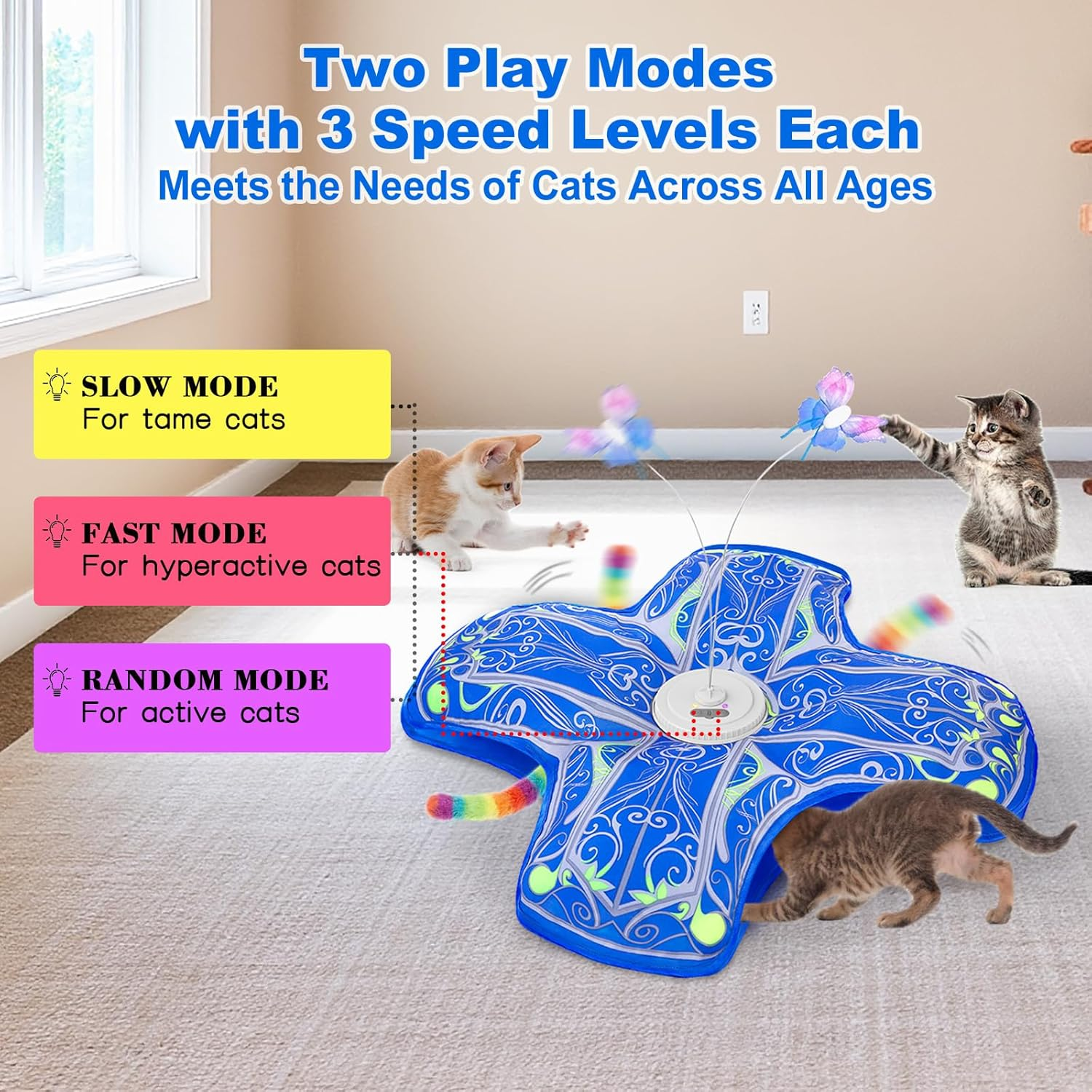 Qraxond Interactive Cat Toys for Indoor Cats,[Newly Upgraded] Rechargeable Touch Activated Hide and Seek Kitten Toy with Fluttering (Blue Cover Cloth Toy) image number 2