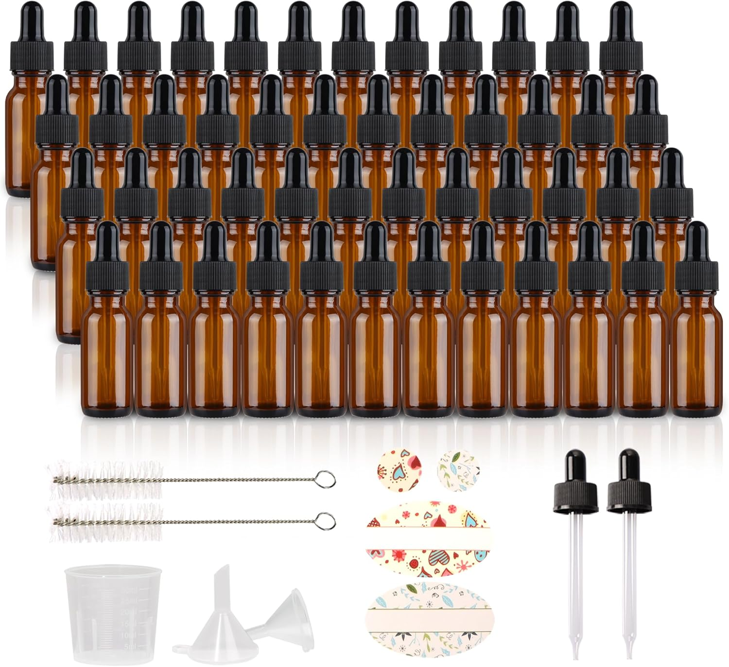 HWASHIN 48 Pack 1/2 Oz (15Ml) Amber Glass Bottles with Glass Eye Droppers for Essential Oils, Perfumes & Lab Chemicals (Brush, Funnels, 2 Extra Droppers, Labels & Measuring Cup Included)