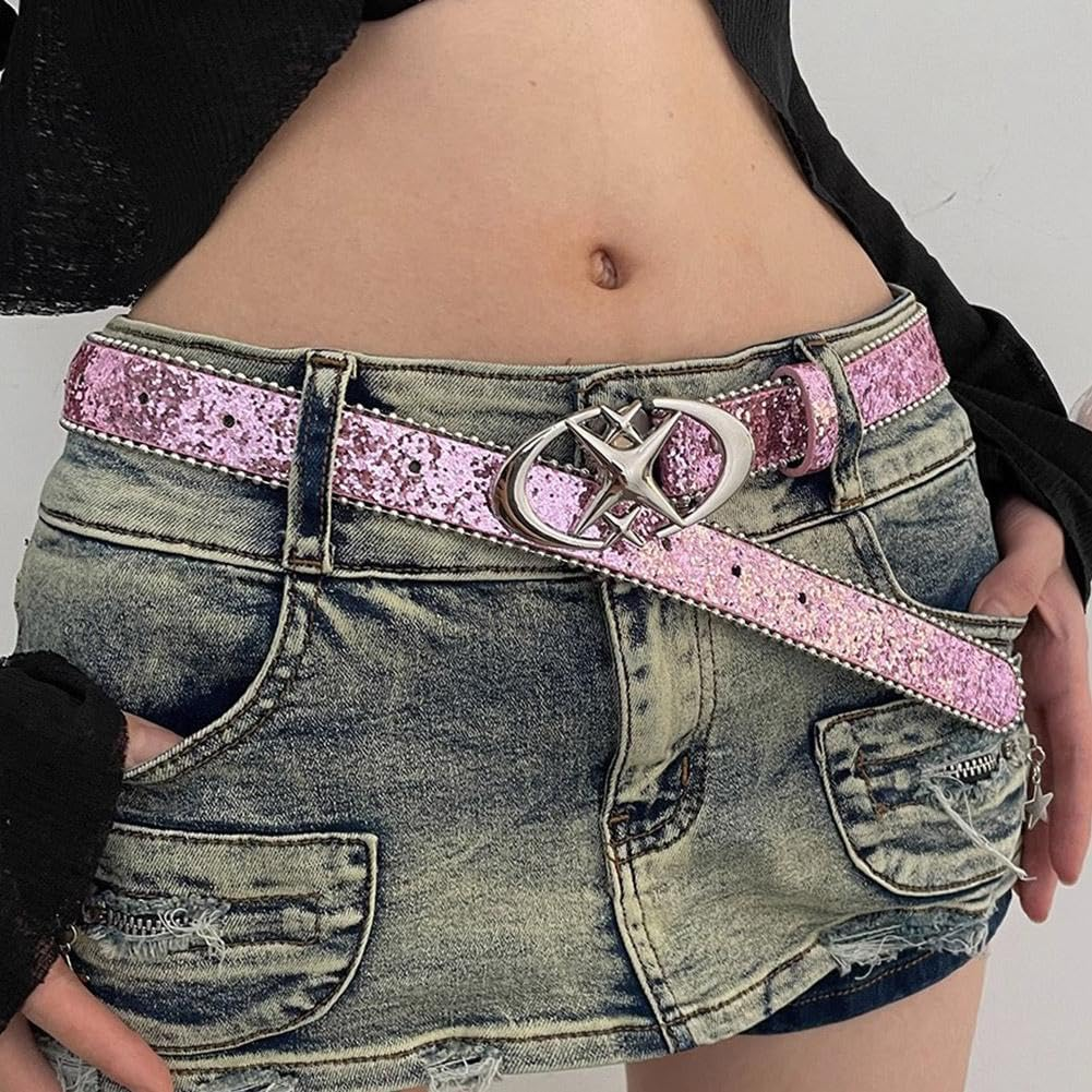 Punk Star Moon Belt Y2K Glitter Rhinestone PU Leather Waist Belt for Women Men Jeans Dresses Gothic Waistband - Black image number 3