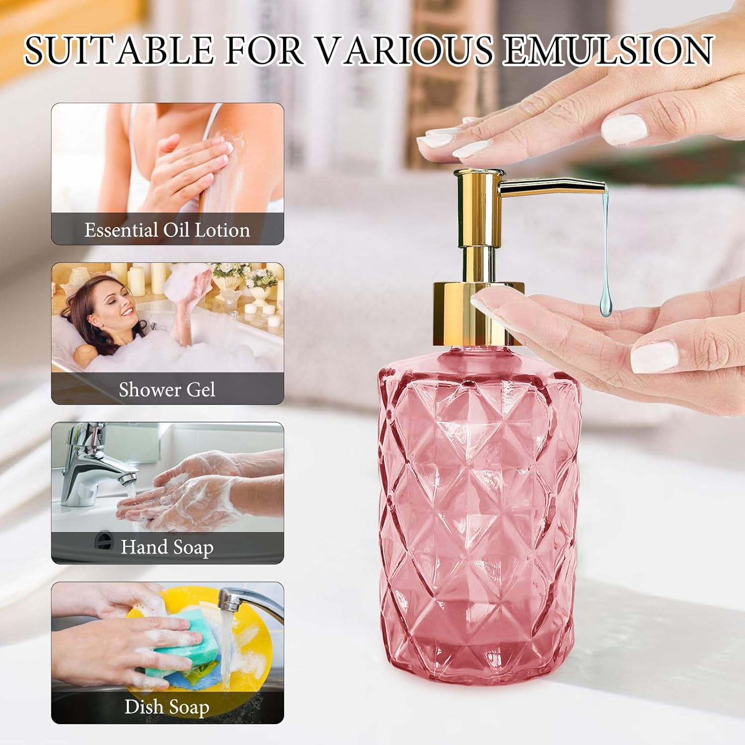 Glass Soap Dispenser with Pump, Soap Dispenser, Lotion Dispenser for Dishwashing Liquid, Lotion Shower Gel (Pink) - Blue image number 2