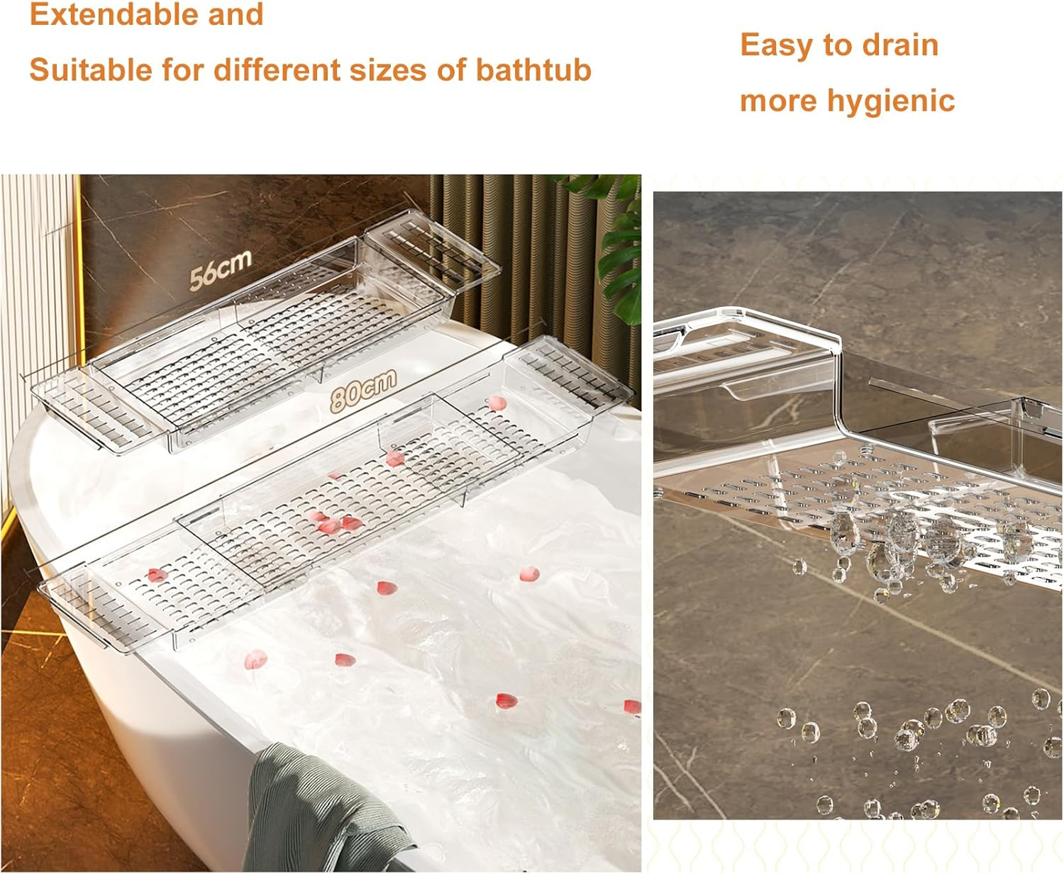 Bath Tray for Bathtub, Acrylic Caddy Table with Extending Sides, Adjustable Bathroom Free Soap Holder, over Tub Racks (Transparency) image number 1