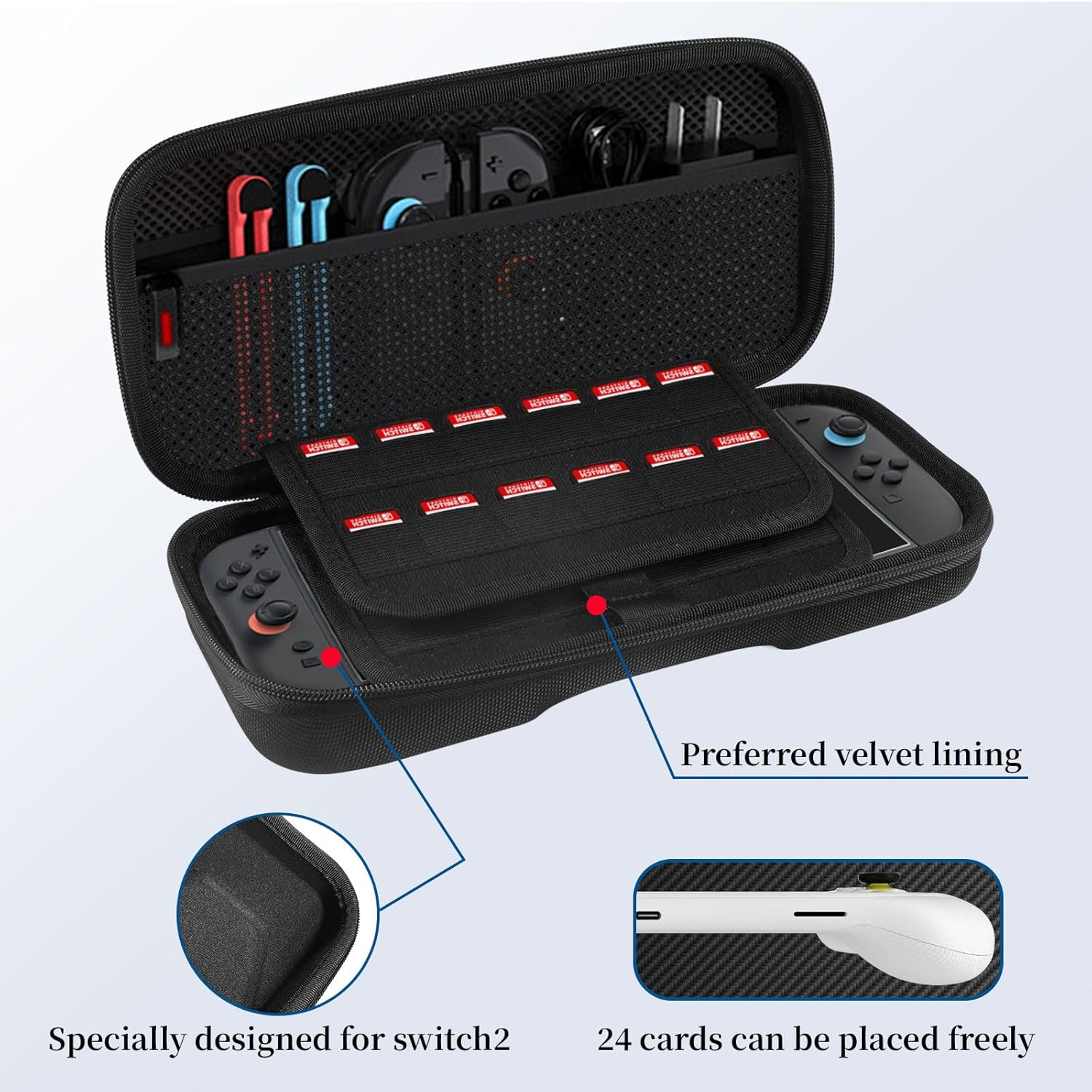 LUPAPA Carrying Case Compatible with Switch 2(2025) -Multifunctional Storage Box with 20 Game Card Slots Portable Storage Bag for Accessories, Protective Travel Handbag EVA Hard Bag (Black) image number 3