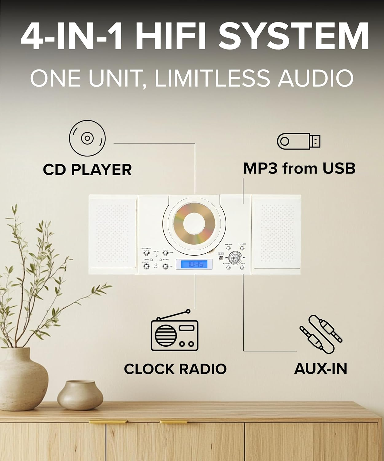 Grouptronics GTMC-101 MK2 CD Player Stereo Micro Compact Hifi with USB & MP3, AUX in for Phone/Tablet, FM Radio, Clock Alarm, Desktop Stand or Wall Mountable Remote Control White image number 1
