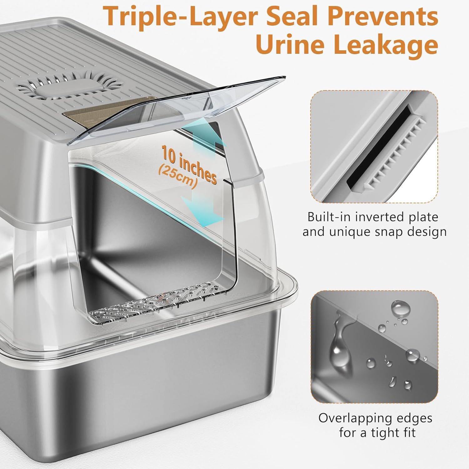 SIMTWO Stainless Steel Litter Box with Lid 60X40X40Cm, XXL Cat Litter Box for Big Cats, Enclosed Removable Metal Litter Box with High Sided Enclosure & Scoop image number 6