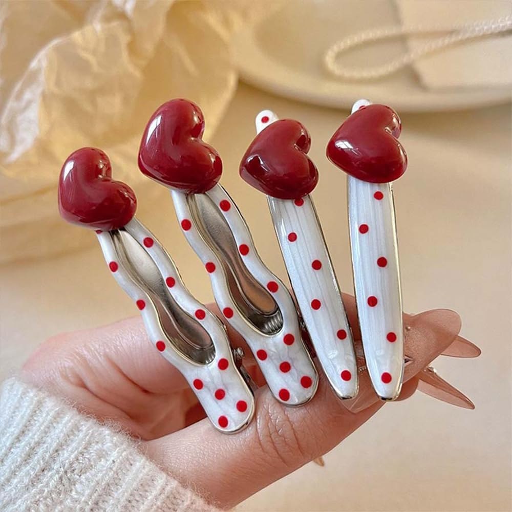 Red Dots 3D Heart Decorative Hair Clips Silver Metal Hair Clip Hair Clips for Women Kawaii Willow Wave Hair Clips Hair Clip Women'S Duck Beak Alligator Hair Clip Hair Accessories image number 2