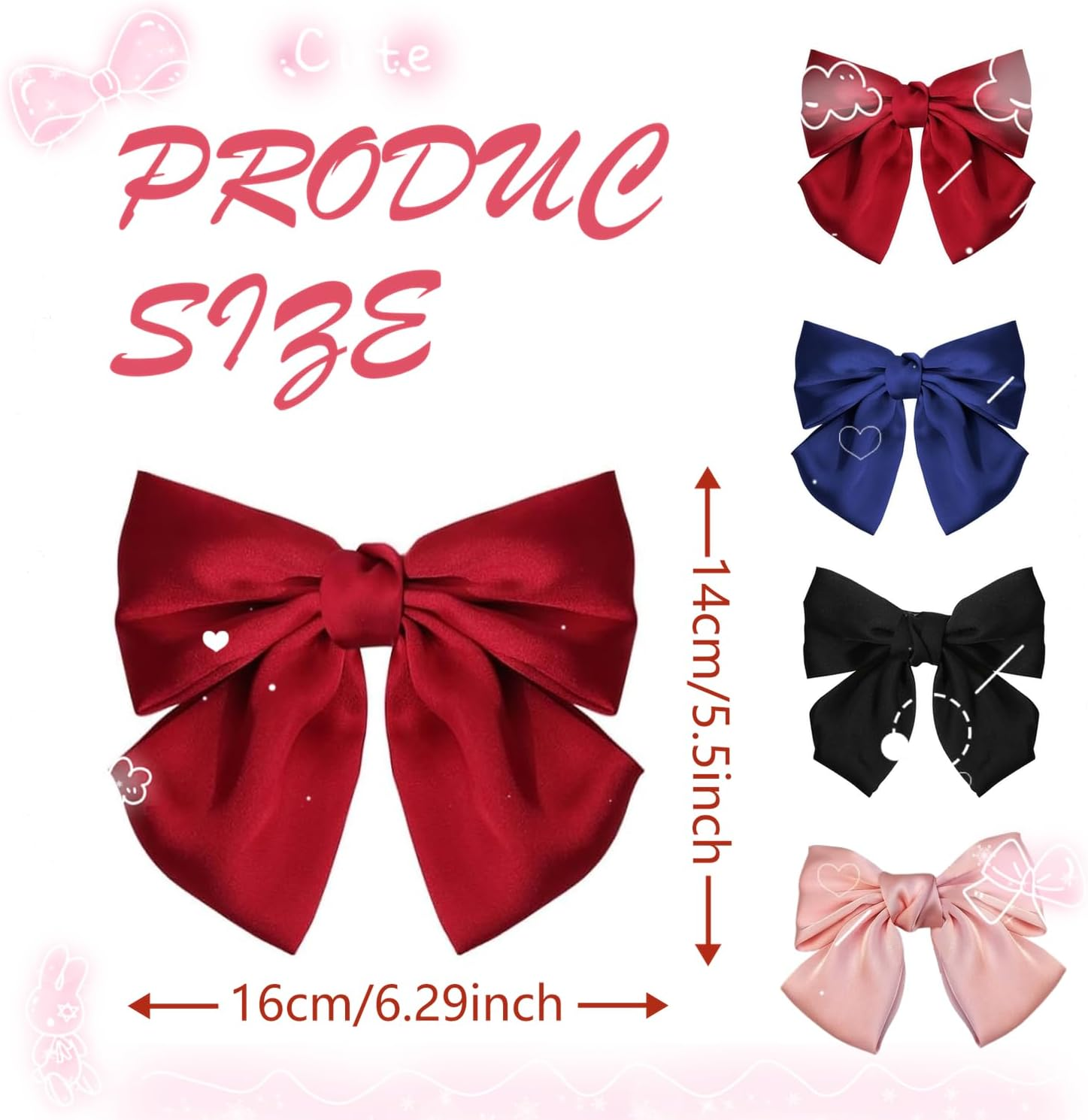 4 Pack Satin Bow Tie Hair Clips (Red, Blue, Black, Pink) - Duck Bill Hair Clip - Elegant Hair Accessories for Girls image number 1