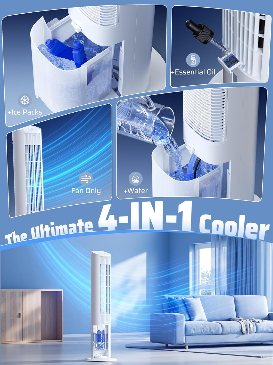 Shanghigh Tower Fan Cooling - Bladeless Tower Fans & Air Cooler with 3L Water Tank & Remote for Room Bedroom Home Office, 80&deg; Oscillating Standing Floor Fan with 3 Speeds, 4 Modes, 12H Timer (White) image number 5