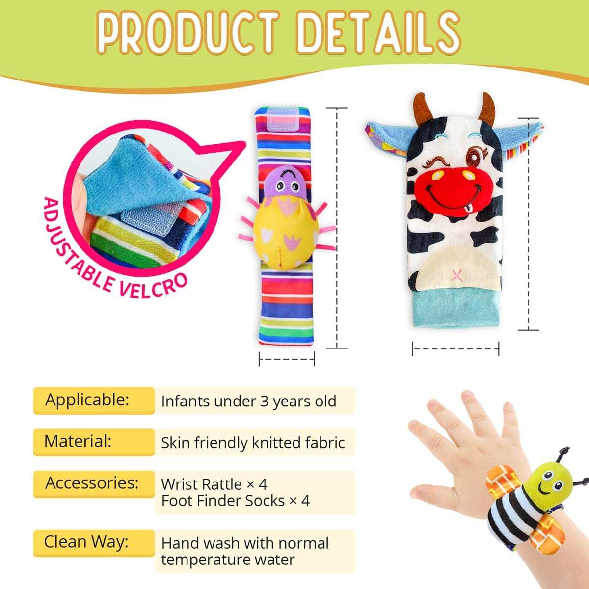 8Pcs Baby Wrist Rattle Foot Finder Socks Infant Developmental Sensory Learning Toys from 0-3-6 Months Old-Cute Garden Bug Edition 8 Items Piece Set Christmas Gifts for Kids image number 2