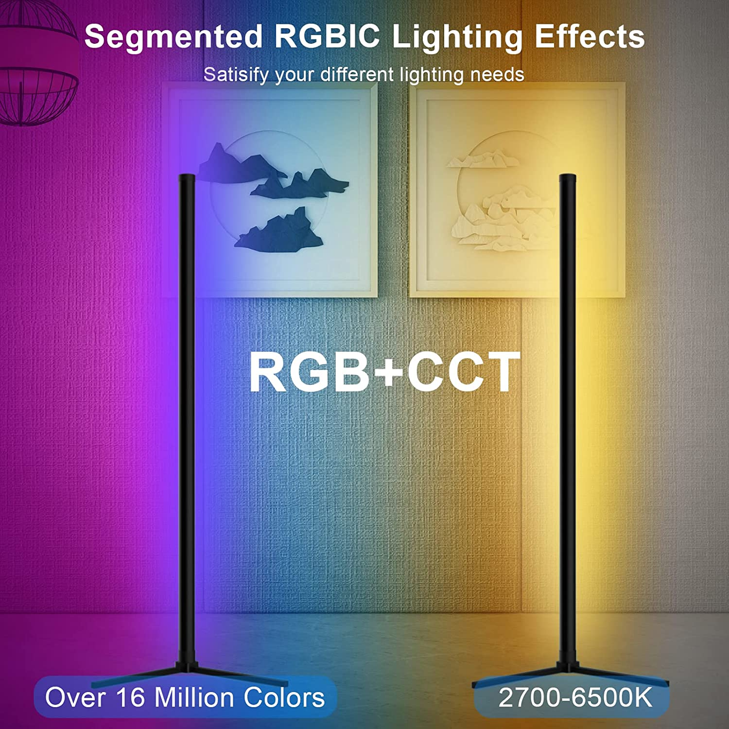 Corner Floor Lamp, RGB Color Changing Mood Lighting, Dimmable LED Modern Floor Lamp with with Remote/Music Sync and DIY Colors, Color Changing Ambiance Lamp for Living Room Bedroom Gaming Room image number 4