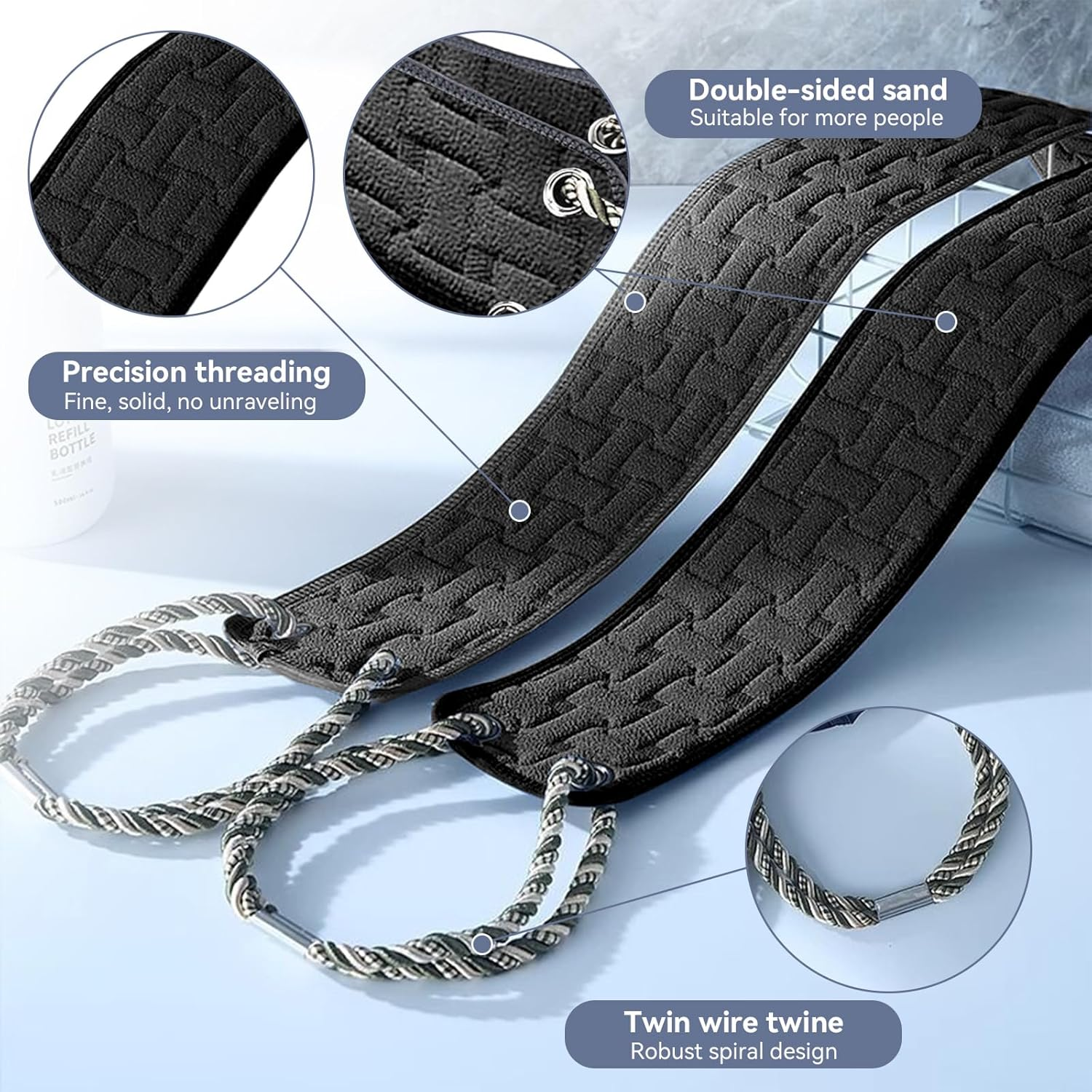 Exfoliating Back Scrubber for Shower,100Cm Double-Sided Bath Scrubber with Handles, Deep Cleaning Body Washcloth for Men & Women, Long Handle Exfoliator for Smooth Skin, Soft & Durable (Black) - Black image number 5