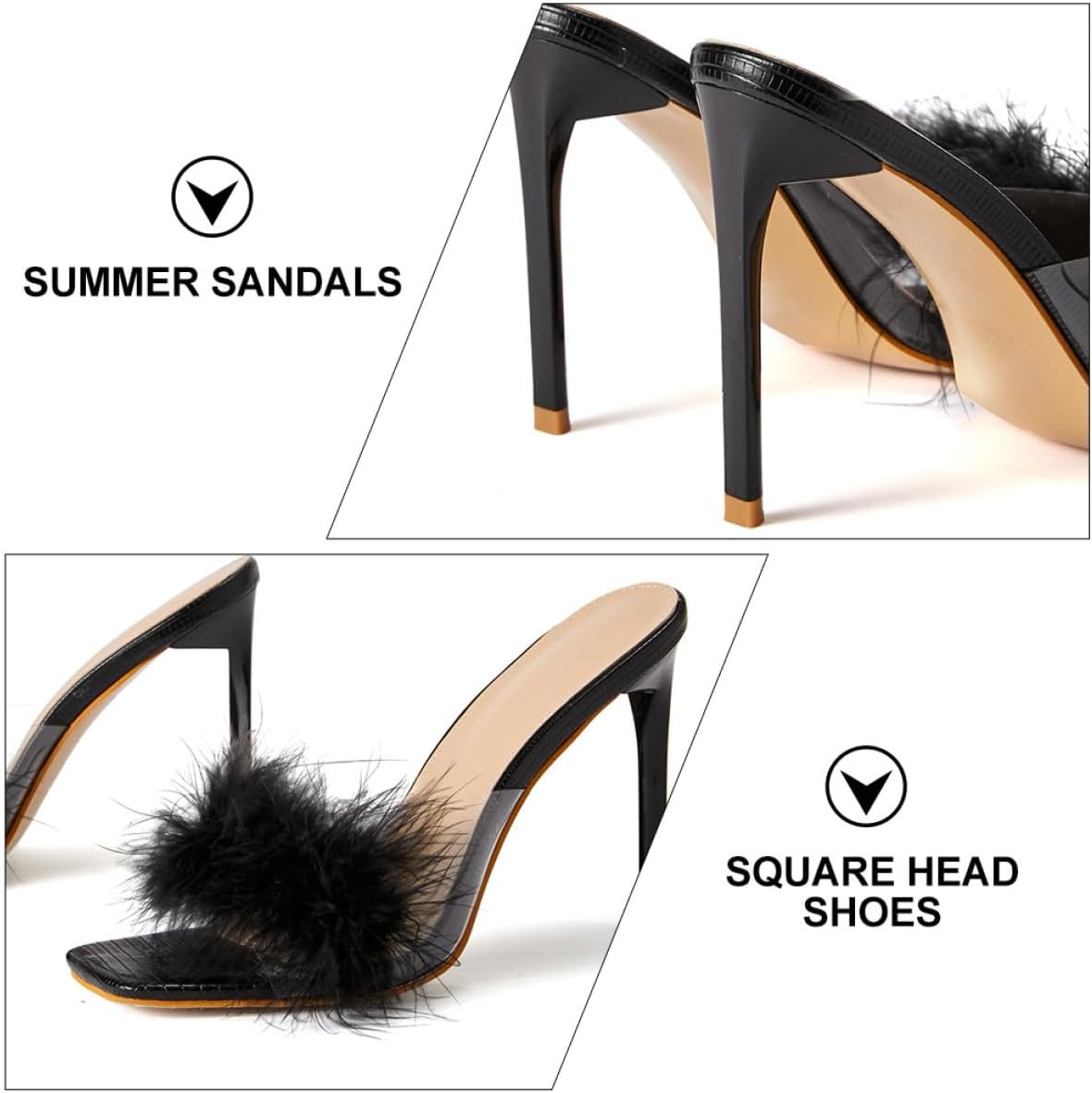 PLAFOPE Charming Square Toe Thin Heel Sandals for Women Summer Fluffy Decor Lightweight Fashionable Stylish High Heels Black image number 1