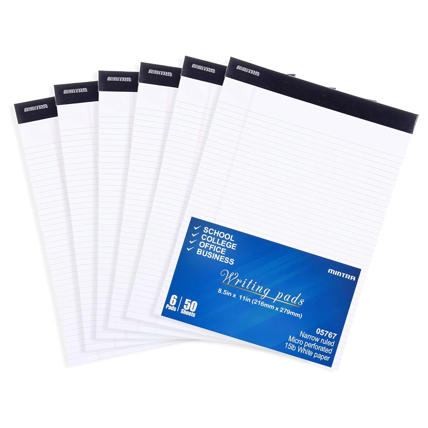 Mintra Office Legal Pads - ((Basic White 6Pk, 8.5In X 11In, Narrow Ruled)) - 50 Sheets per Notepad, Micro Perforated Writing Pad, Notebook Paper for School, College, Office, Business image number 6