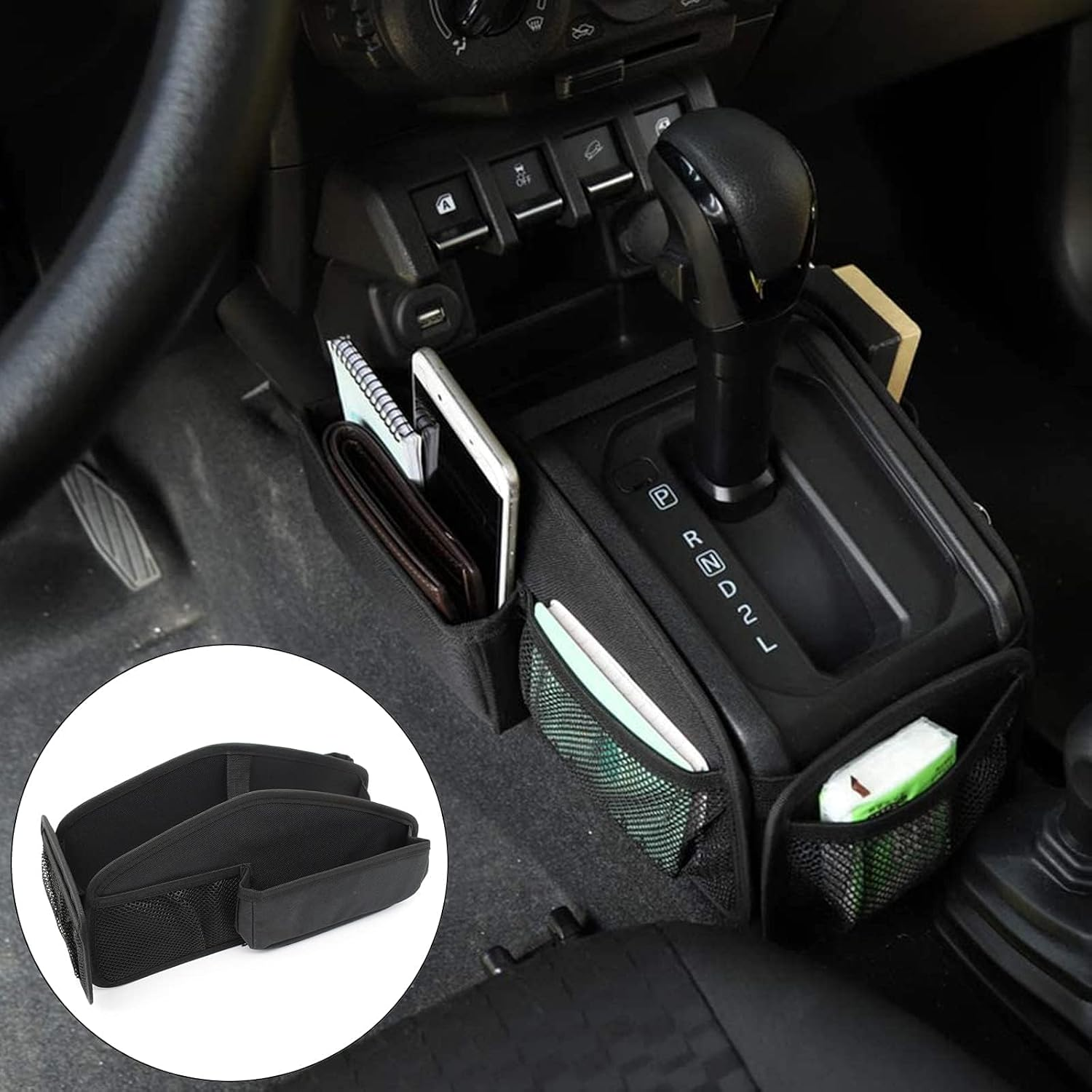 AUTOXBERT Center Console Organizer Bag for 2019-2022 Suzuki Jimny JB43 JB64 JB74 at Models Gear Shift Mesh Storage Pockets image number 5