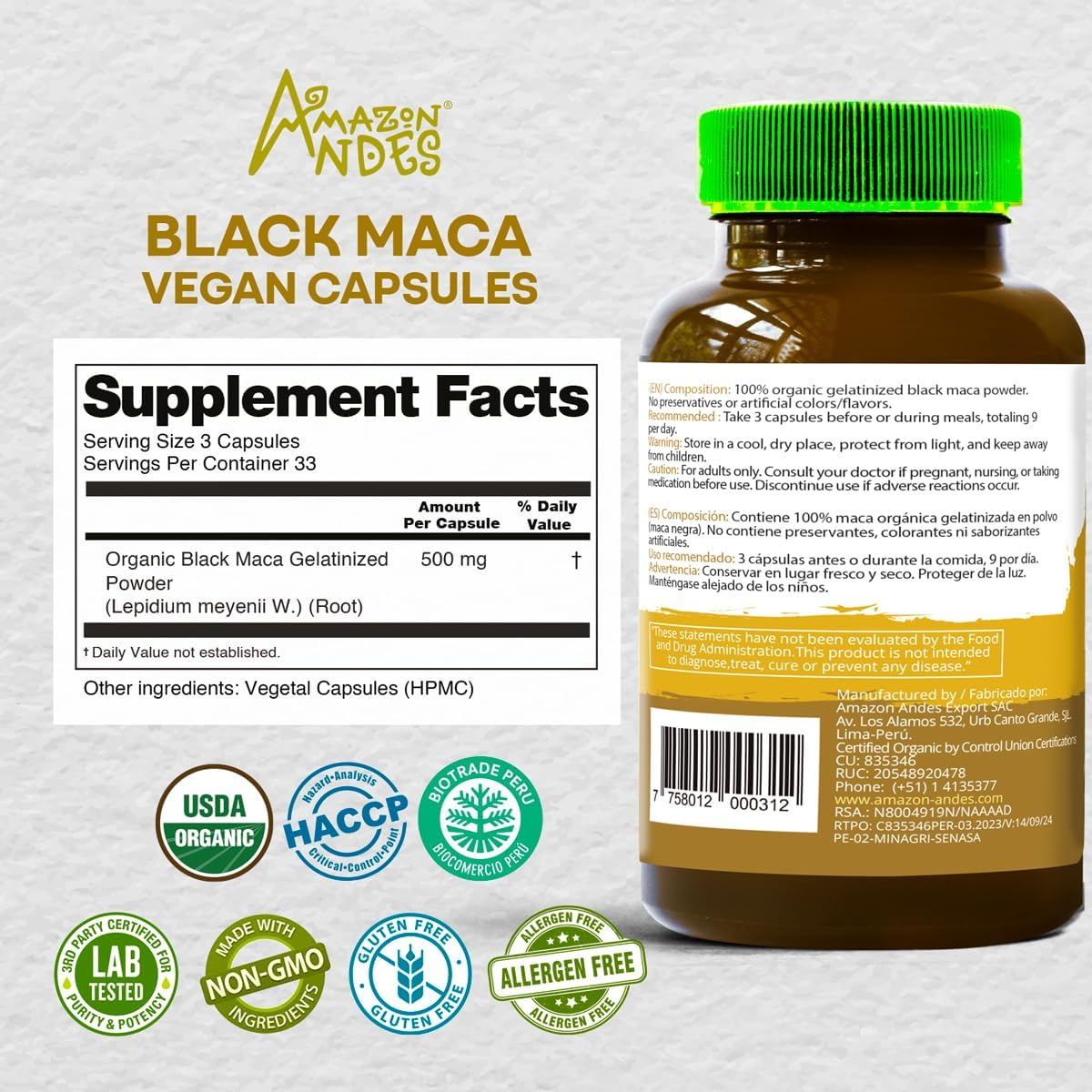 Black Maca Root Capsules Organic for Men | 1500Mg per Serving | 100 Vegan Capsules | Peruvian Supplement for Energy, Stamina & Vitality | Non-Gmo, Gluten Free, Gelatinized | Amazon Andes